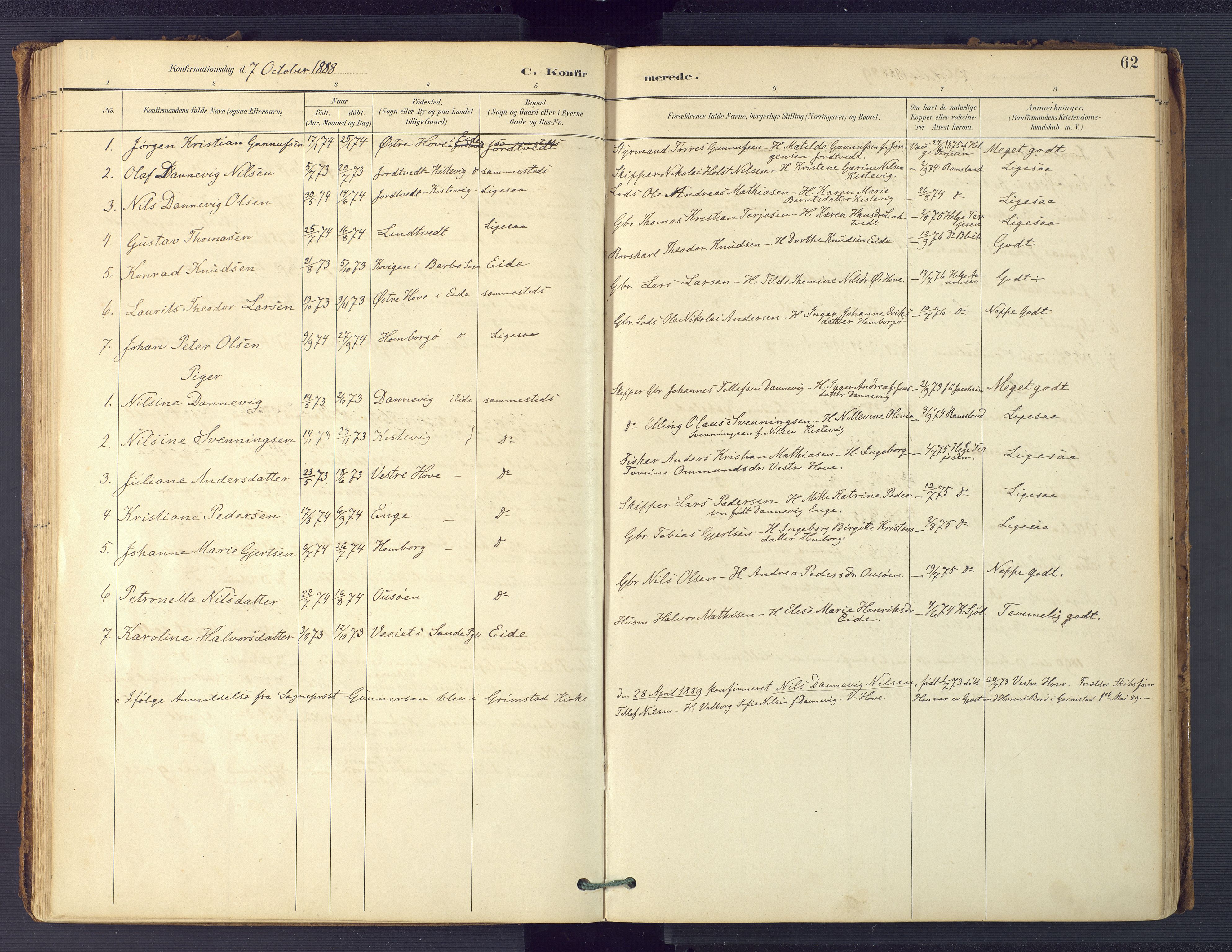 Hommedal sokneprestkontor, SAK/1111-0023/F/Fa/Faa/L0003: Parish register (official) no. A 3, 1885-1916, p. 62