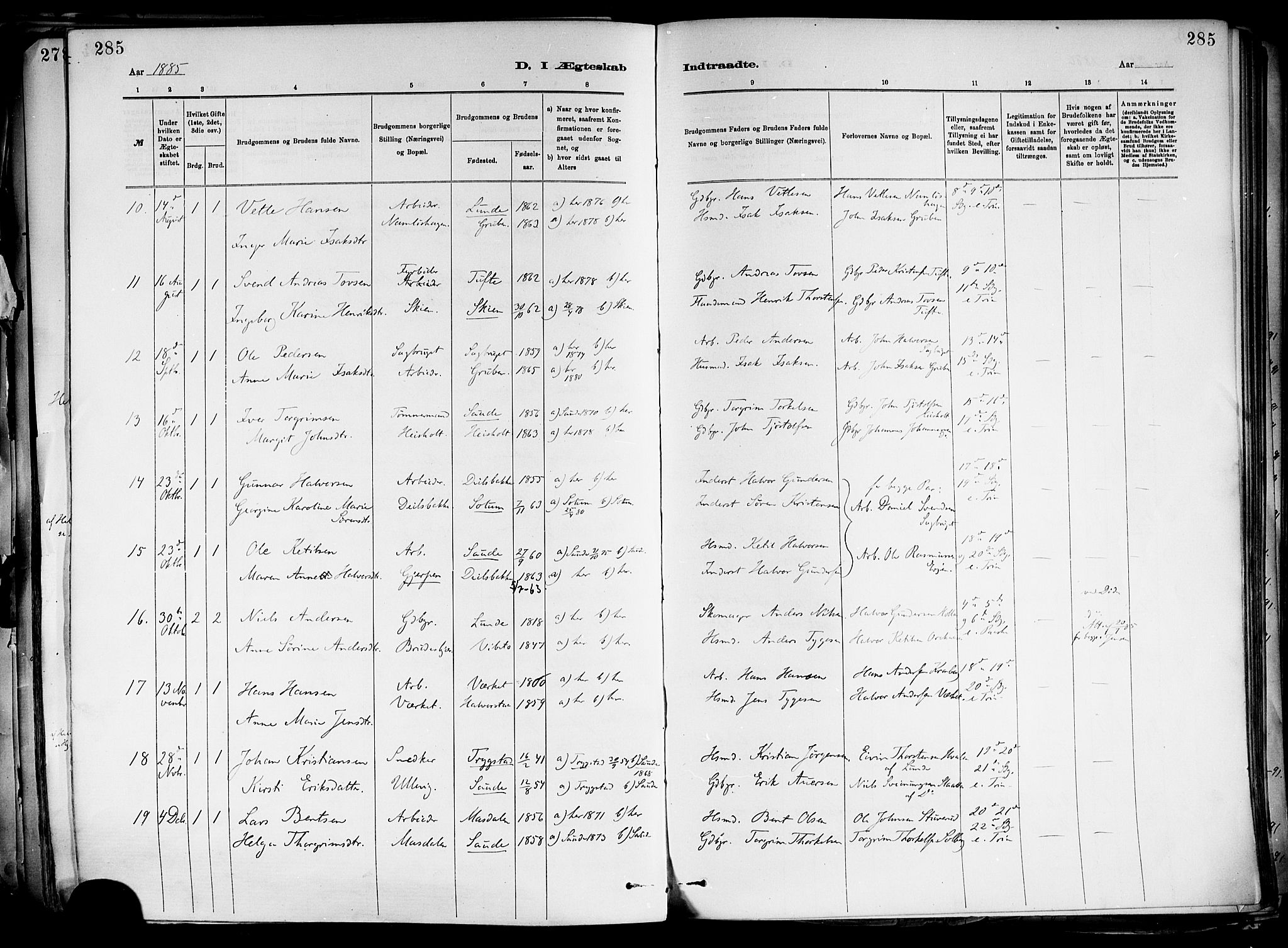 Holla kirkebøker, AV/SAKO-A-272/F/Fa/L0008: Parish register (official) no. 8, 1882-1897, p. 285