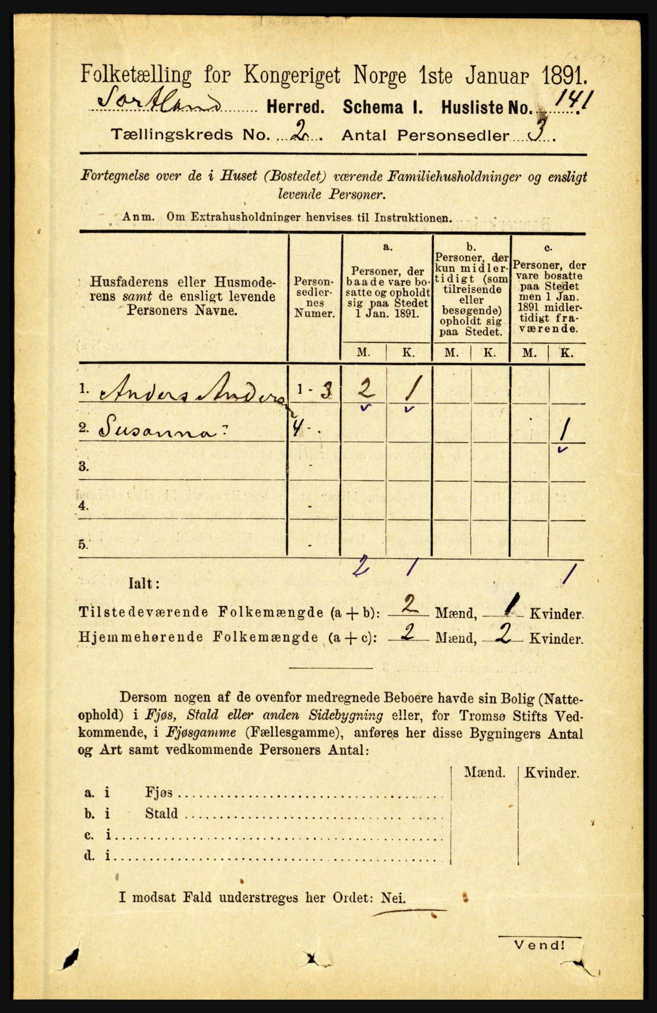 RA, 1891 census for 1870 Sortland, 1891, p. 980