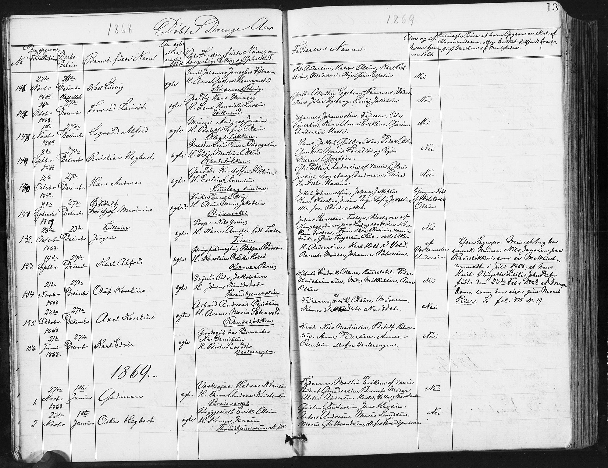 Østre Aker prestekontor Kirkebøker, SAO/A-10840/G/Ga/L0003: Parish register (copy) no. I 3, 1868-1913, p. 13