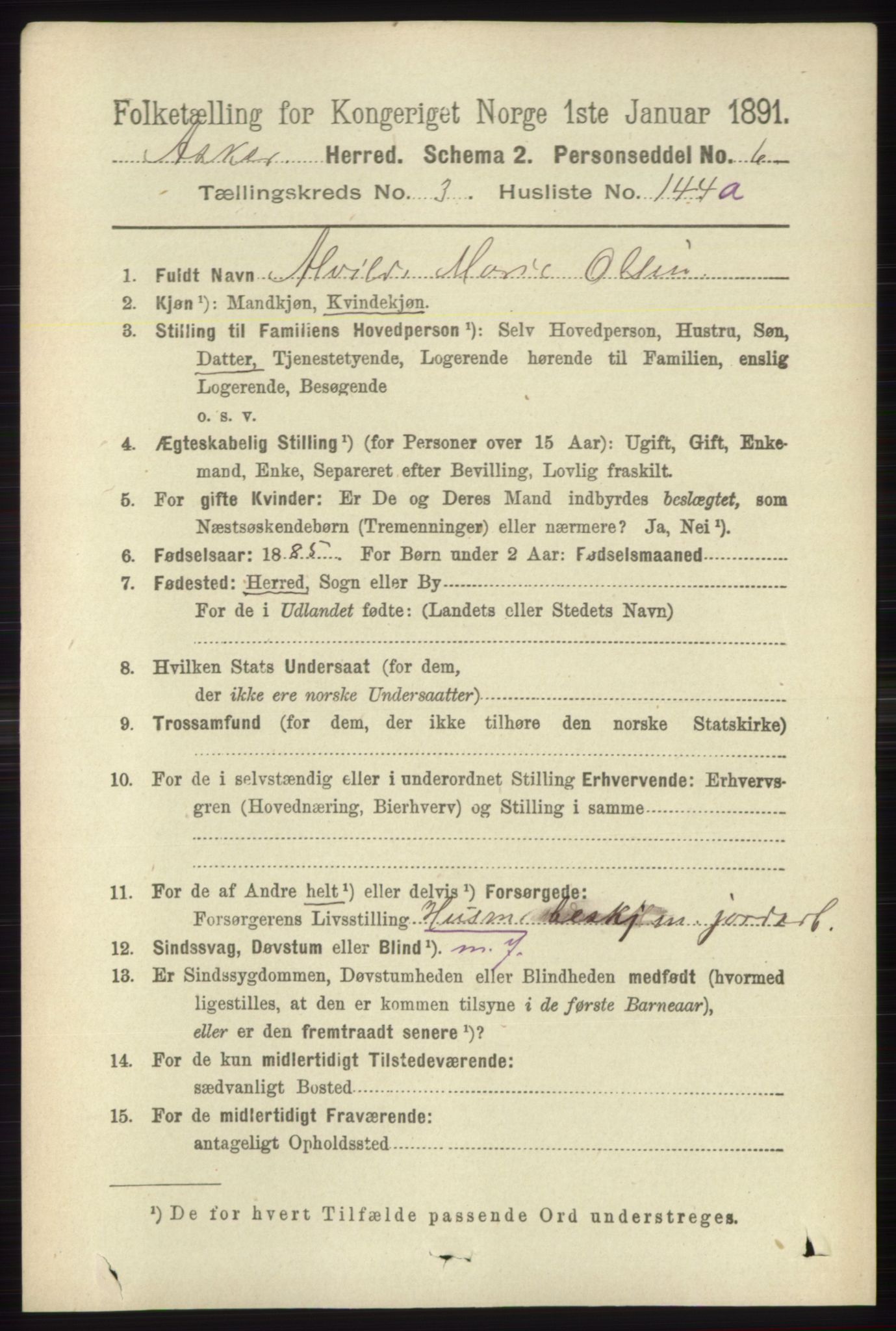 RA, 1891 census for 0220 Asker, 1891, p. 2826