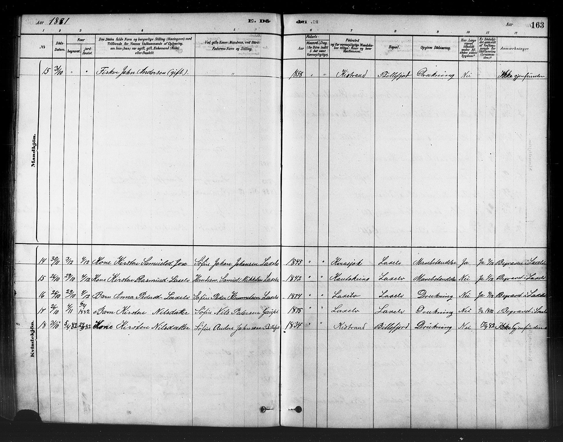 Kistrand/Porsanger sokneprestembete, SATØ/S-1351/H/Ha/L0007.kirke: Parish register (official) no. 7, 1881-1889, p. 163