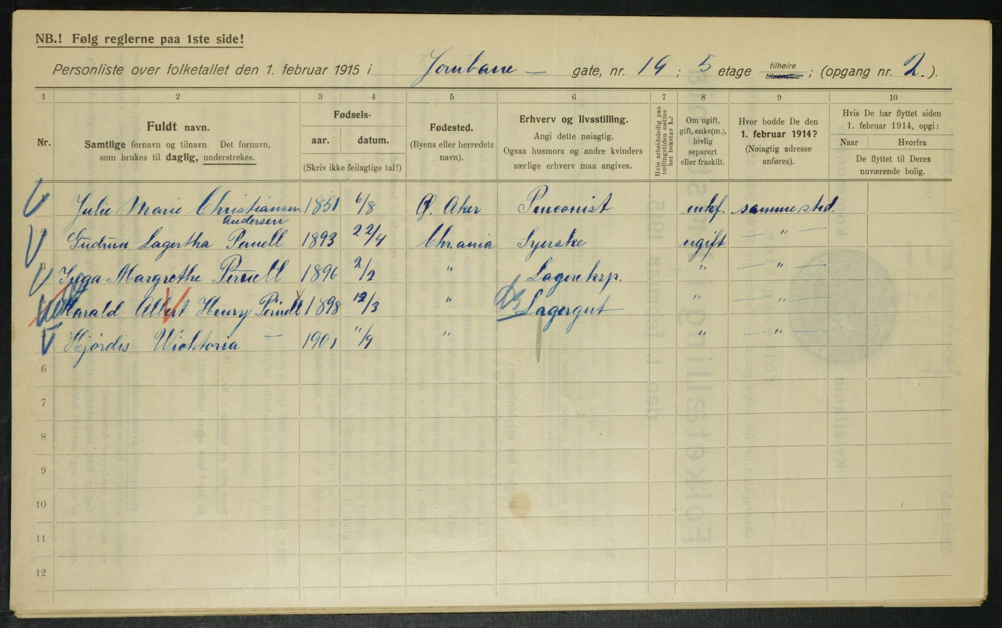 OBA, Municipal Census 1915 for Kristiania, 1915, p. 46390