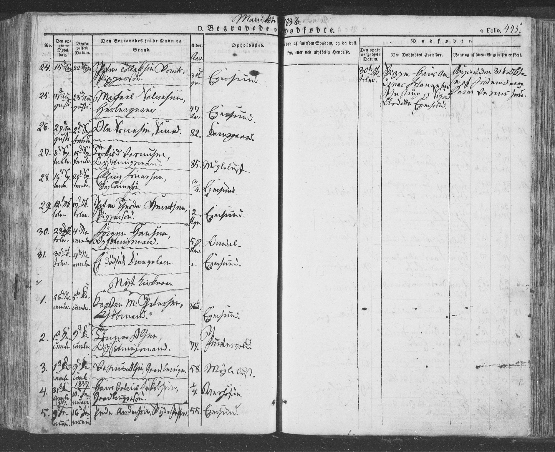 Eigersund sokneprestkontor, AV/SAST-A-101807/S08/L0009: Parish register (official) no. A 9, 1827-1850, p. 445