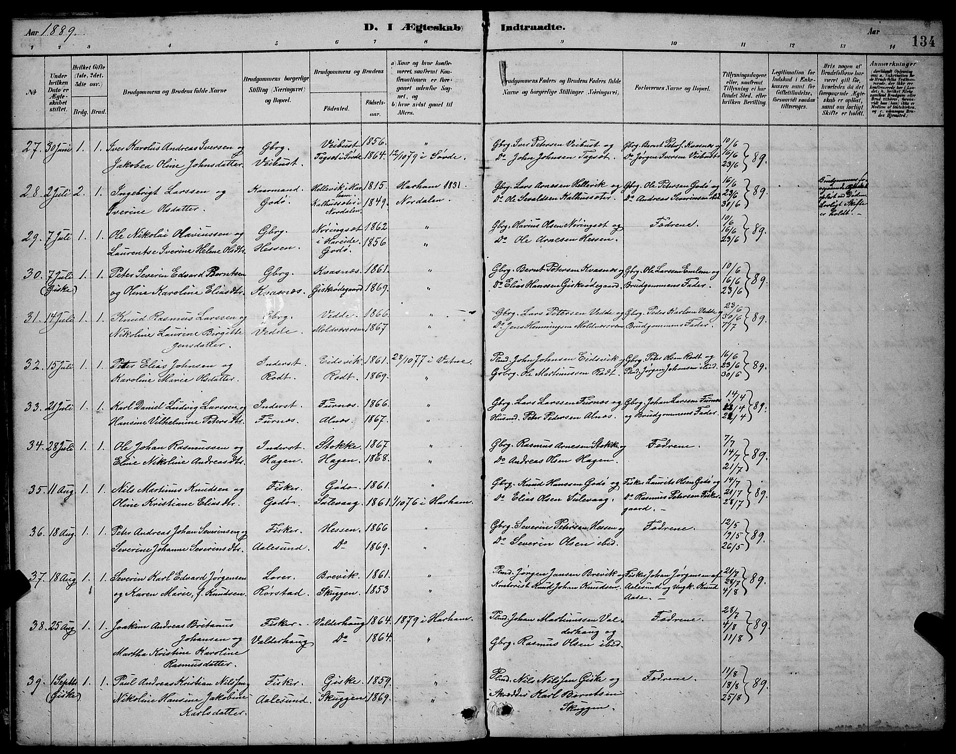 Ministerialprotokoller, klokkerbøker og fødselsregistre - Møre og Romsdal, AV/SAT-A-1454/528/L0430: Parish register (copy) no. 528C11, 1884-1899, p. 134