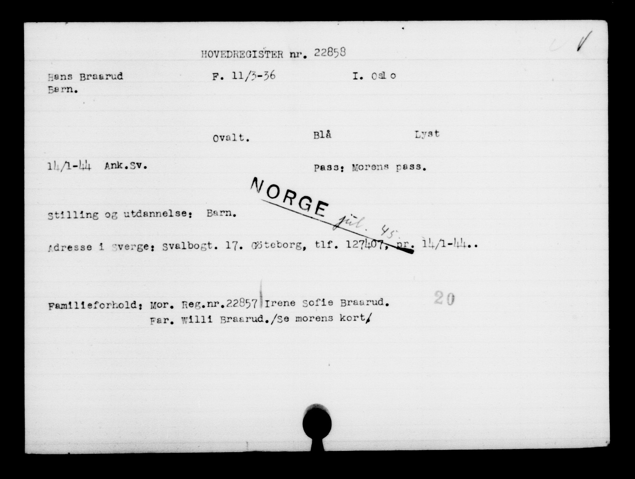 Den Kgl. Norske Legasjons Flyktningskontor, AV/RA-S-6753/V/Va/L0010: Kjesäterkartoteket.  Flyktningenr. 22000-25314, 1940-1945, p. 936