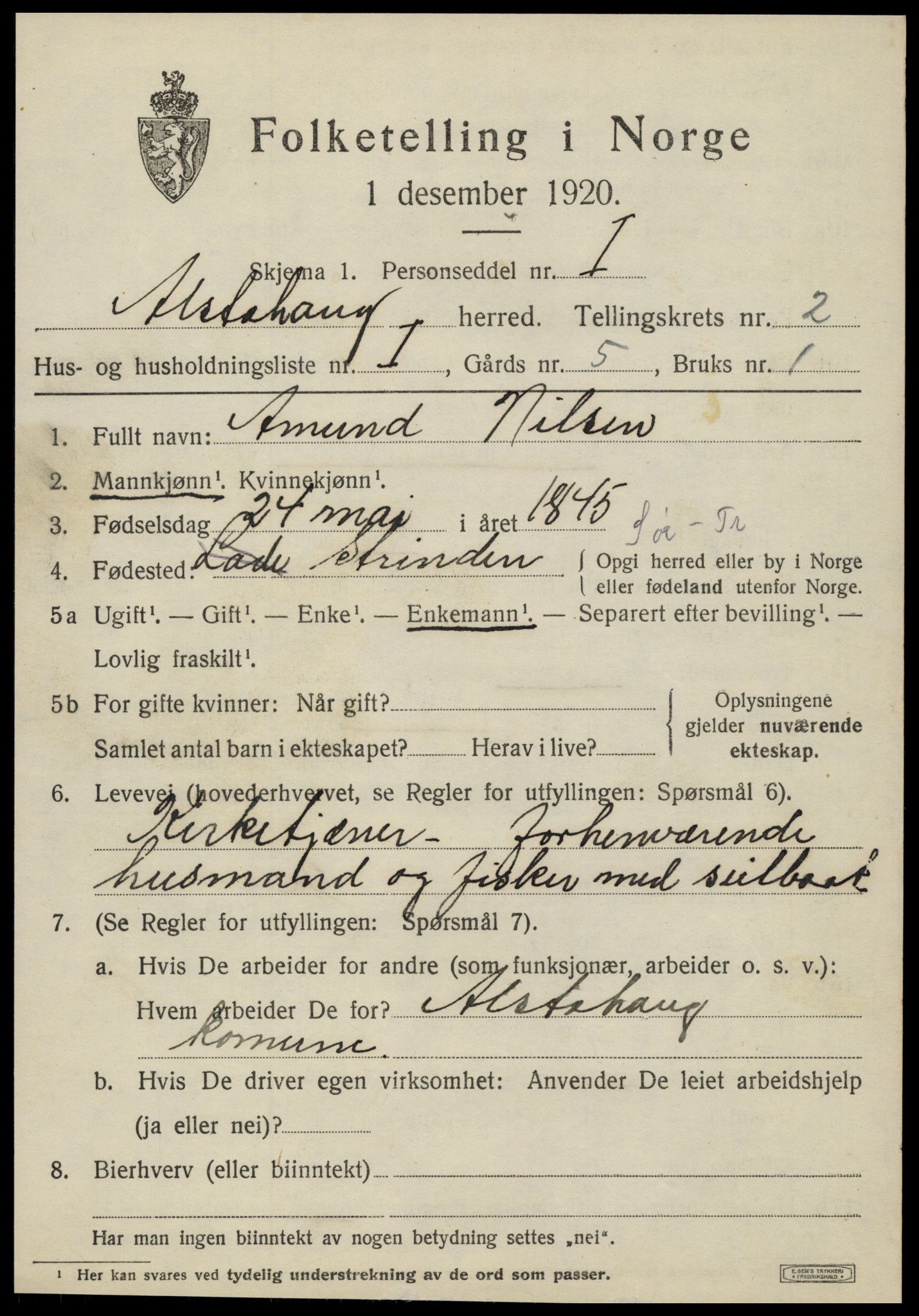 SAT, 1920 census for Alstahaug, 1920, p. 841