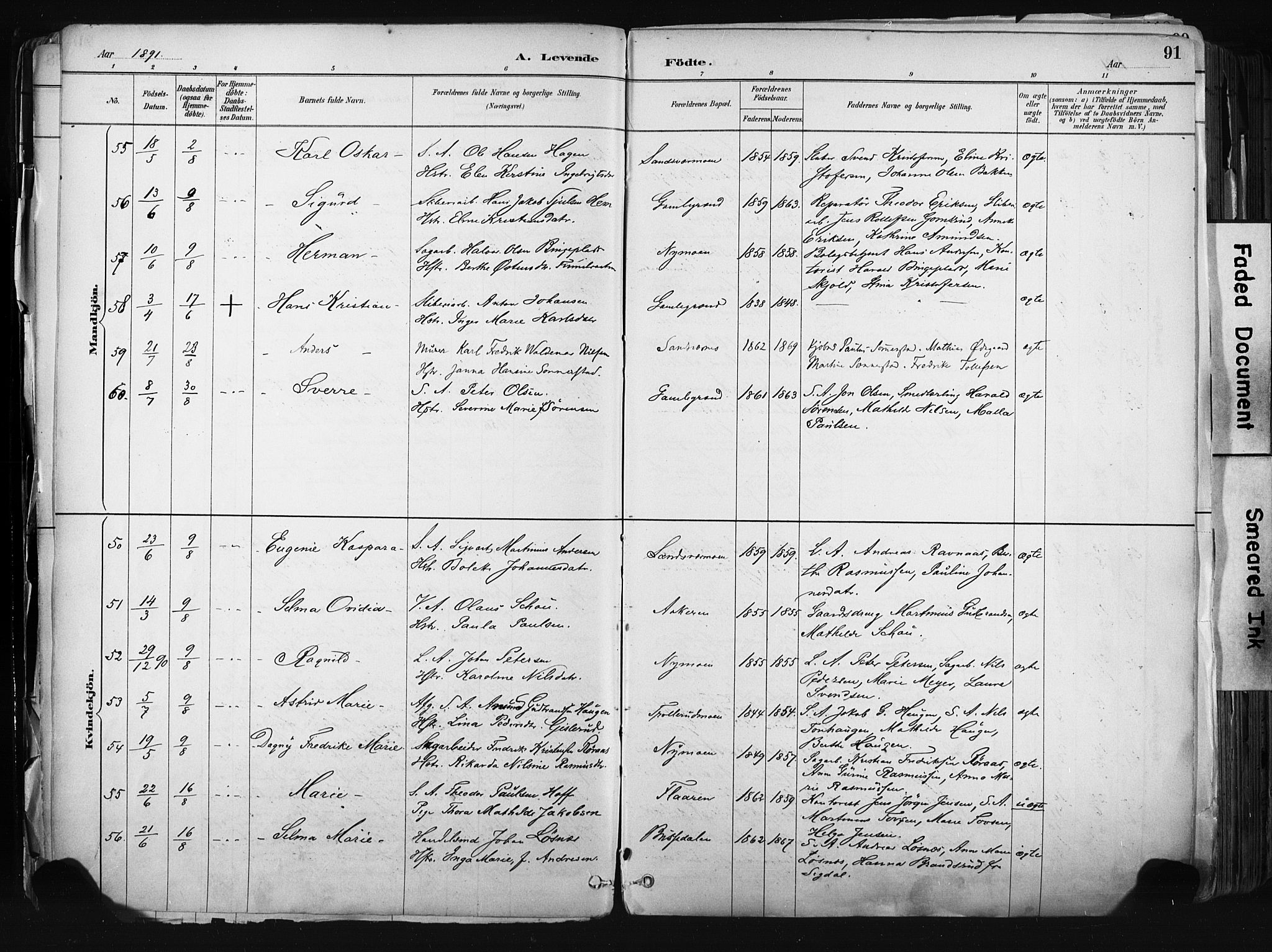 Kongsberg kirkebøker, AV/SAKO-A-22/F/Fb/L0002: Parish register (official) no. II 2, 1886-1896, p. 91