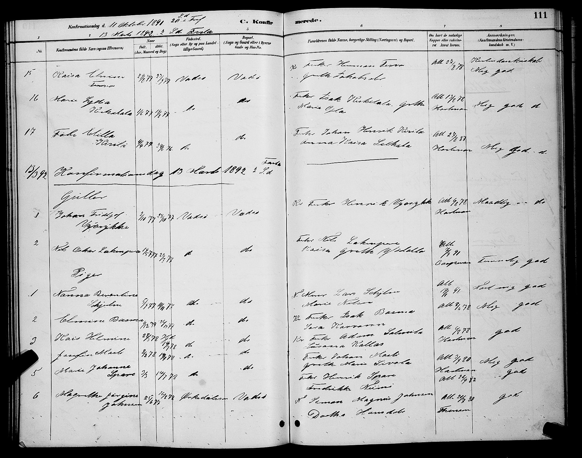 Vadsø sokneprestkontor, SATØ/S-1325/H/Hb/L0004klokker: Parish register (copy) no. 4, 1885-1895, p. 111