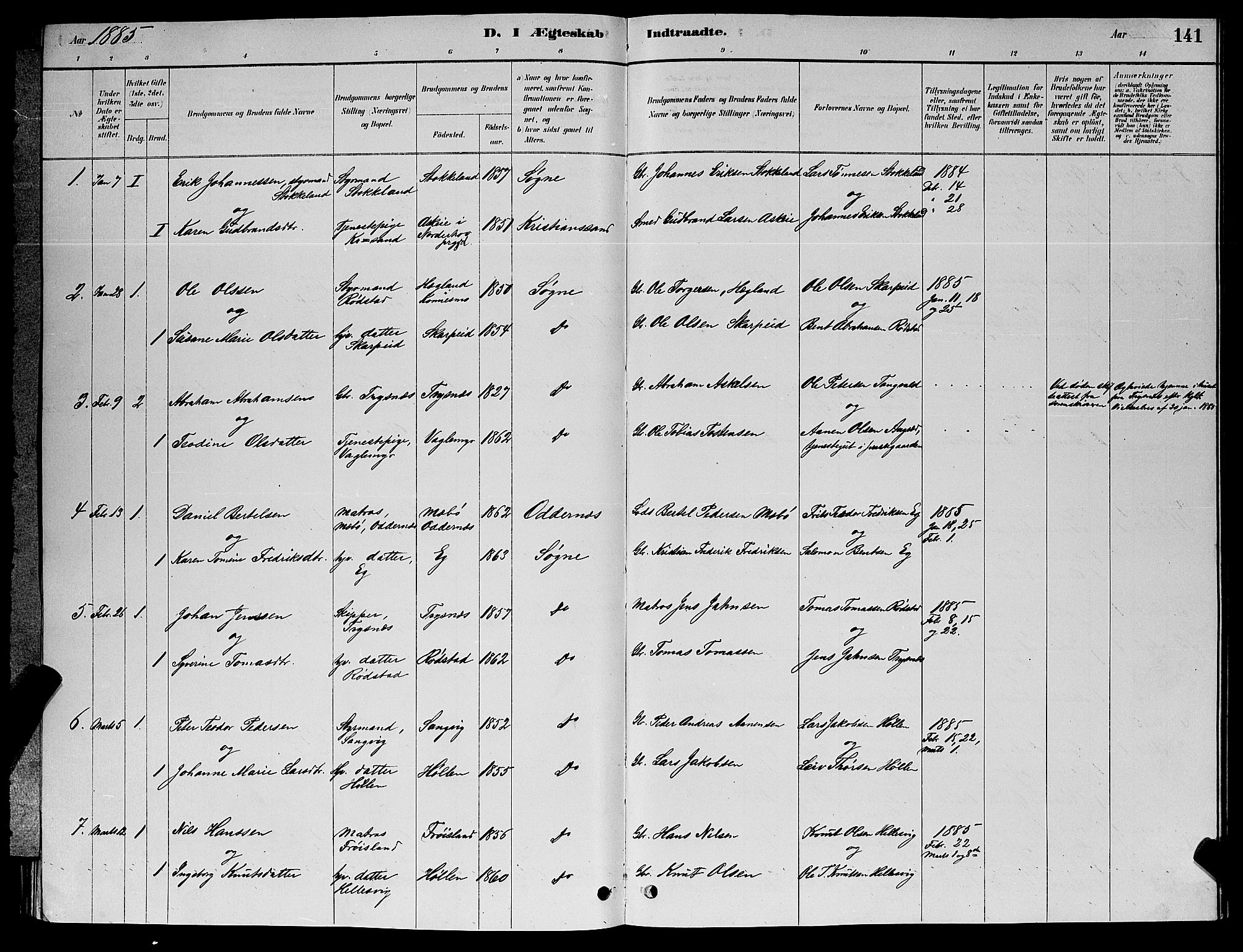 Søgne sokneprestkontor, SAK/1111-0037/F/Fb/Fbb/L0005: Parish register (copy) no. B 5, 1884-1891, p. 141