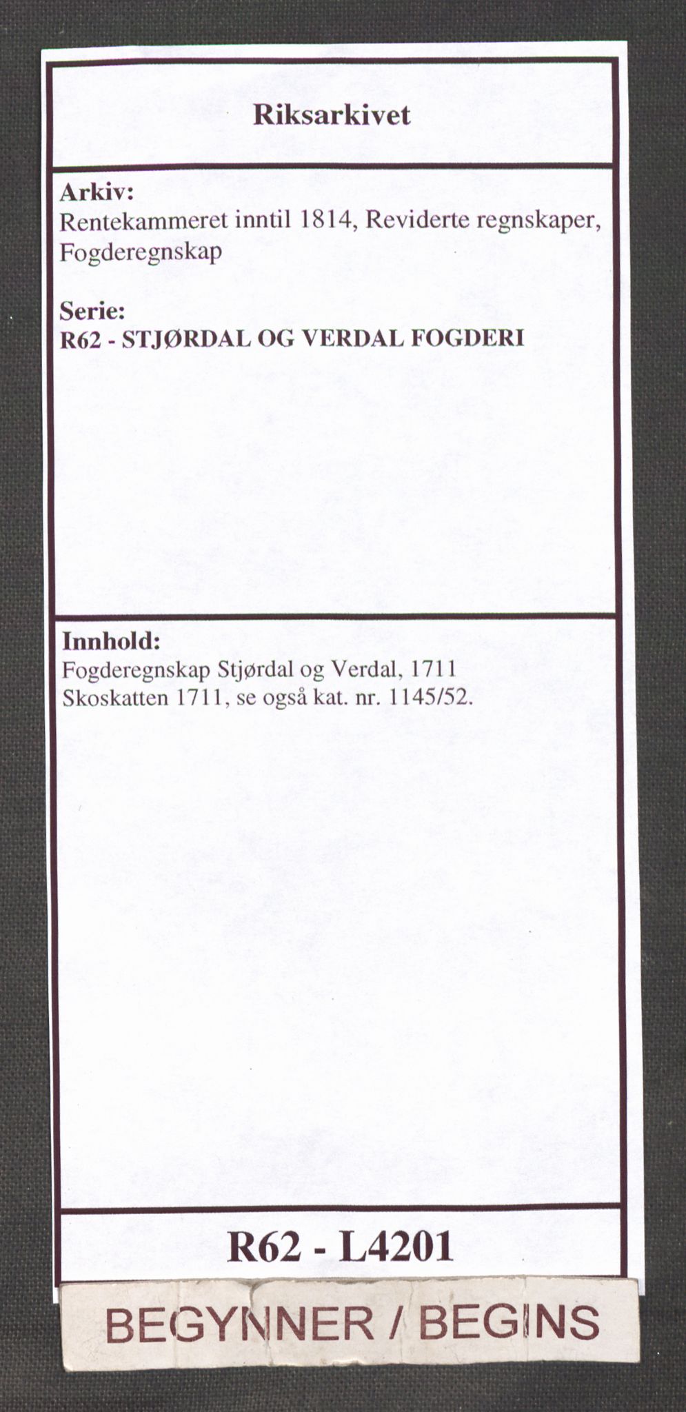 Rentekammeret inntil 1814, Reviderte regnskaper, Fogderegnskap, AV/RA-EA-4092/R62/L4201: Fogderegnskap Stjørdal og Verdal, 1711, p. 1