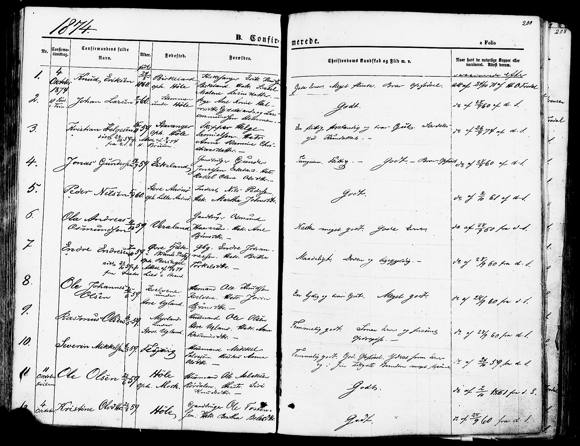 Høgsfjord sokneprestkontor, SAST/A-101624/H/Ha/Haa/L0002: Parish register (official) no. A 2, 1855-1885, p. 200