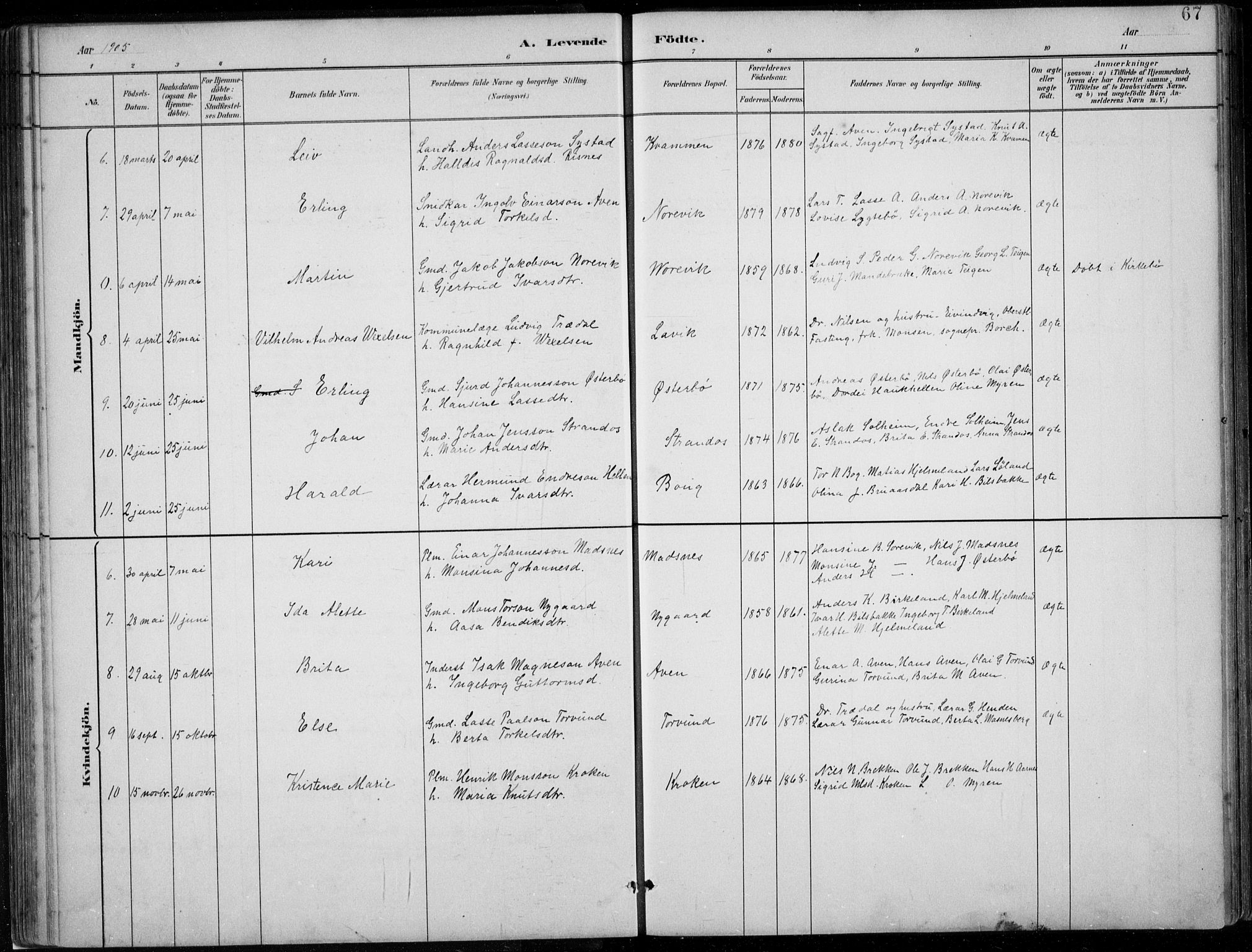 Lavik sokneprestembete, AV/SAB-A-80901: Parish register (copy) no. A 2, 1882-1910, p. 67
