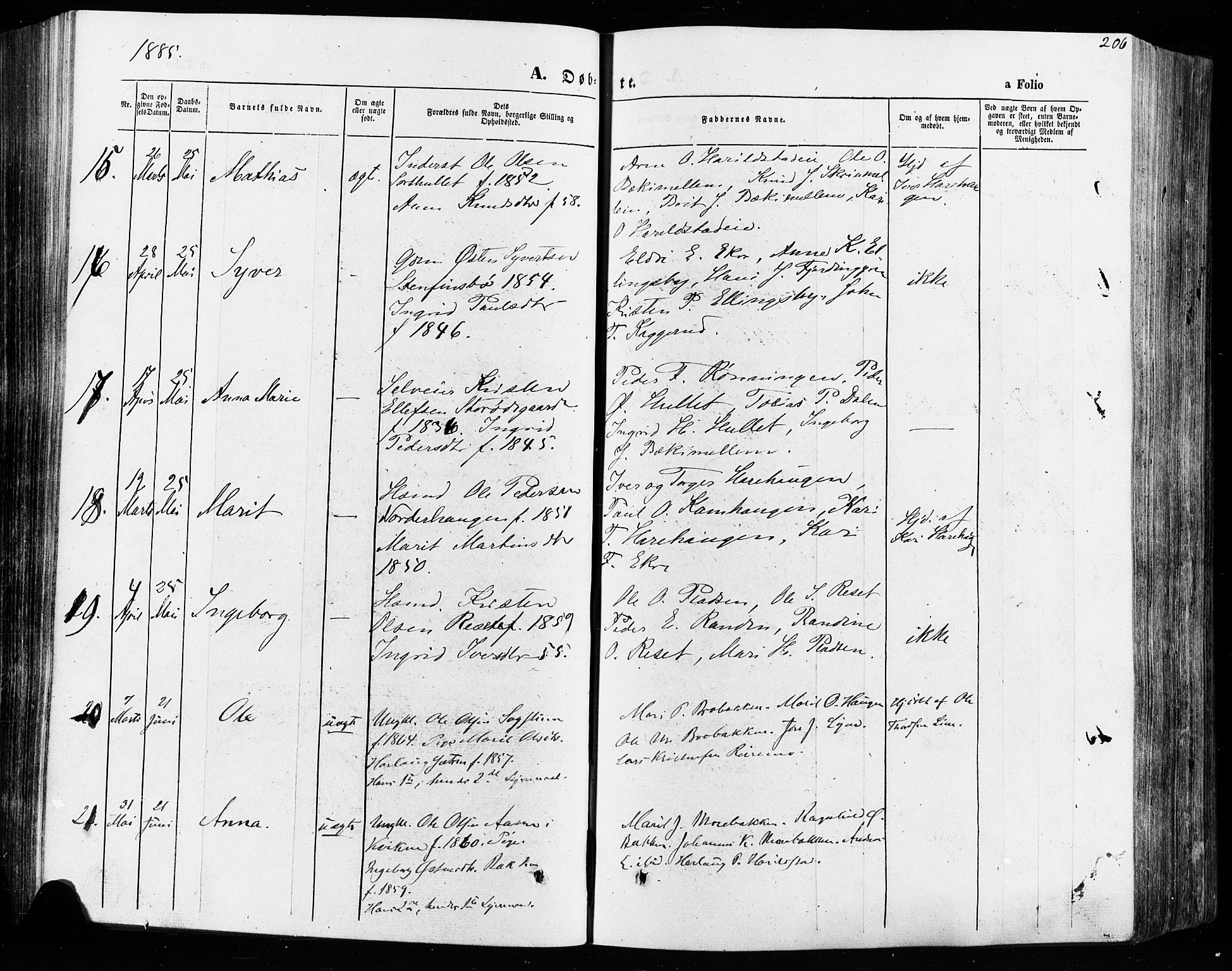 Vågå prestekontor, SAH/PREST-076/H/Ha/Haa/L0007: Parish register (official) no. 7 /2, 1873-1886, p. 206