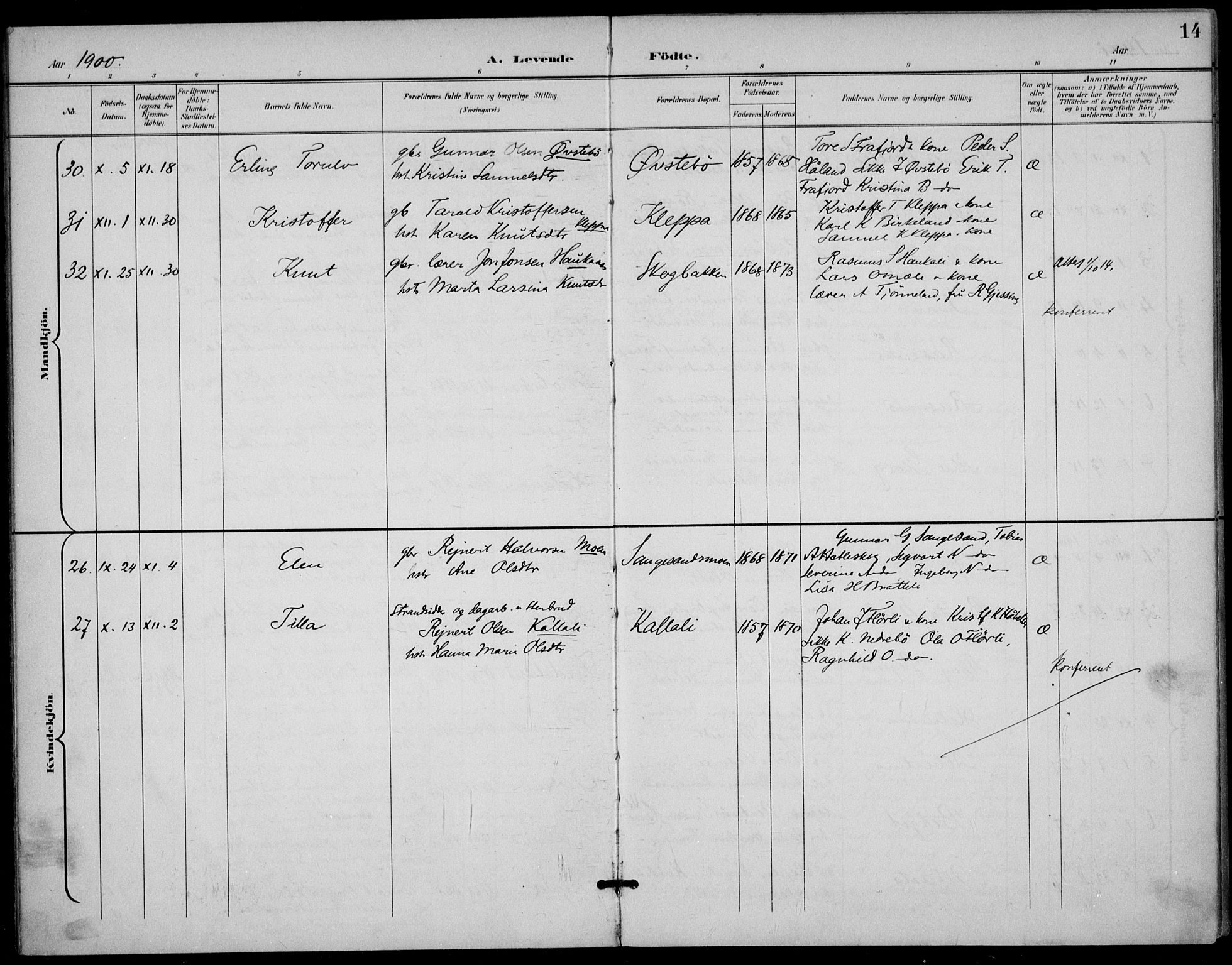 Høgsfjord sokneprestkontor, AV/SAST-A-101624/H/Ha/Haa/L0007: Parish register (official) no. A 7, 1898-1917, p. 14