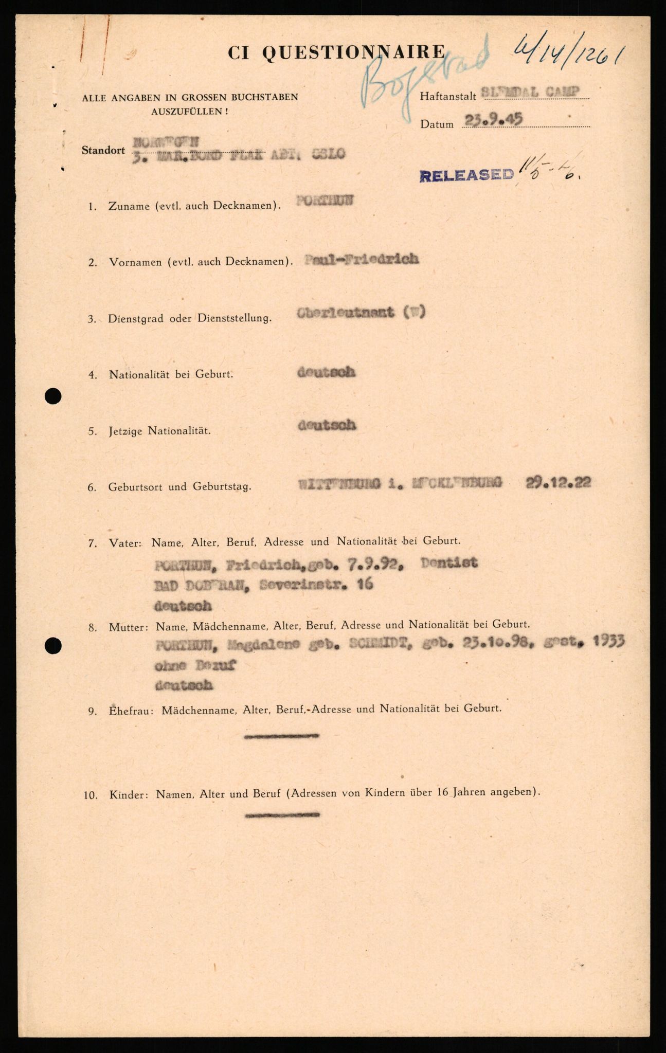 Forsvaret, Forsvarets overkommando II, AV/RA-RAFA-3915/D/Db/L0026: CI Questionaires. Tyske okkupasjonsstyrker i Norge. Tyskere., 1945-1946, p. 272