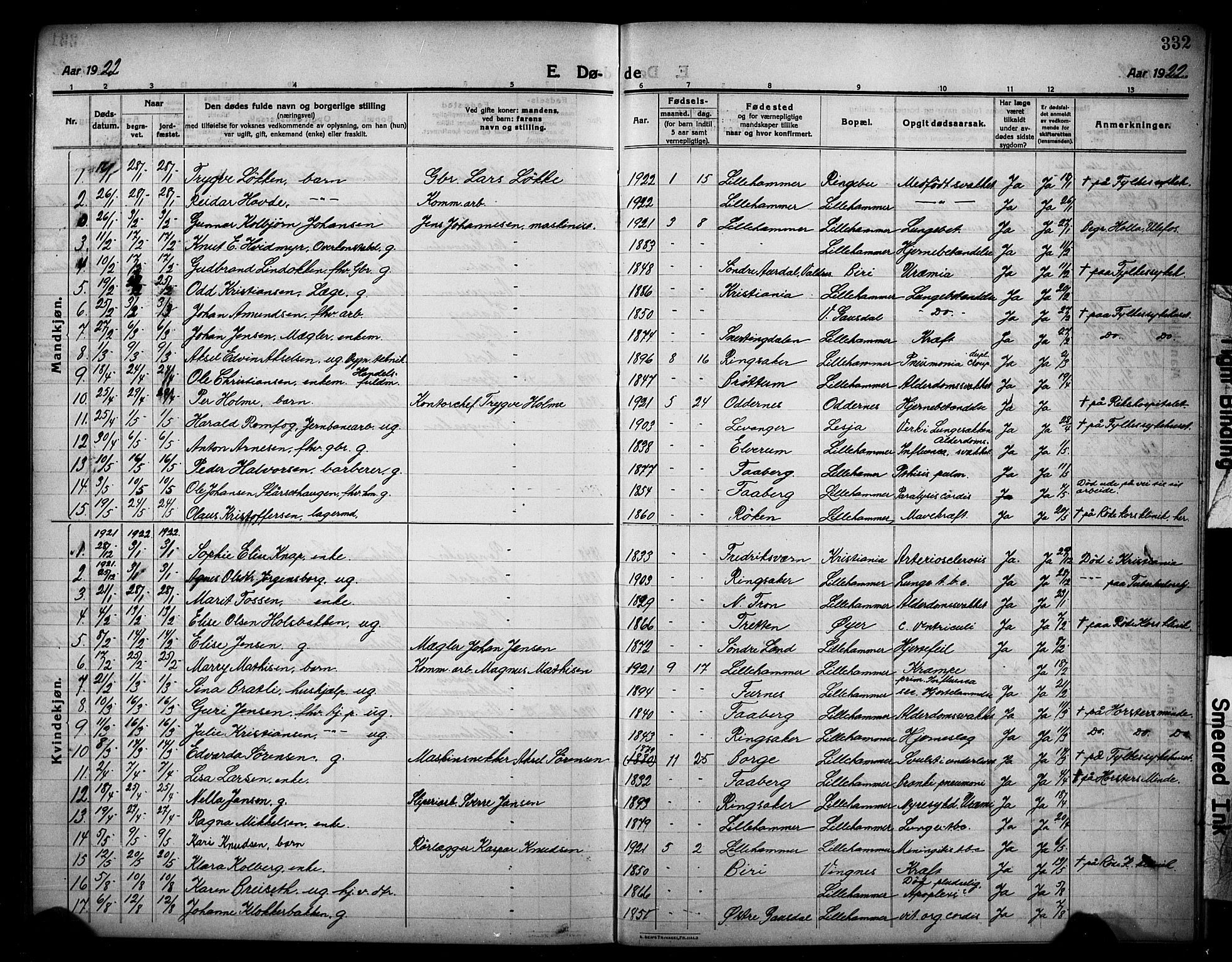 Lillehammer prestekontor, AV/SAH-PREST-088/H/Ha/Hab/L0002: Parish register (copy) no. 2, 1913-1929, p. 332