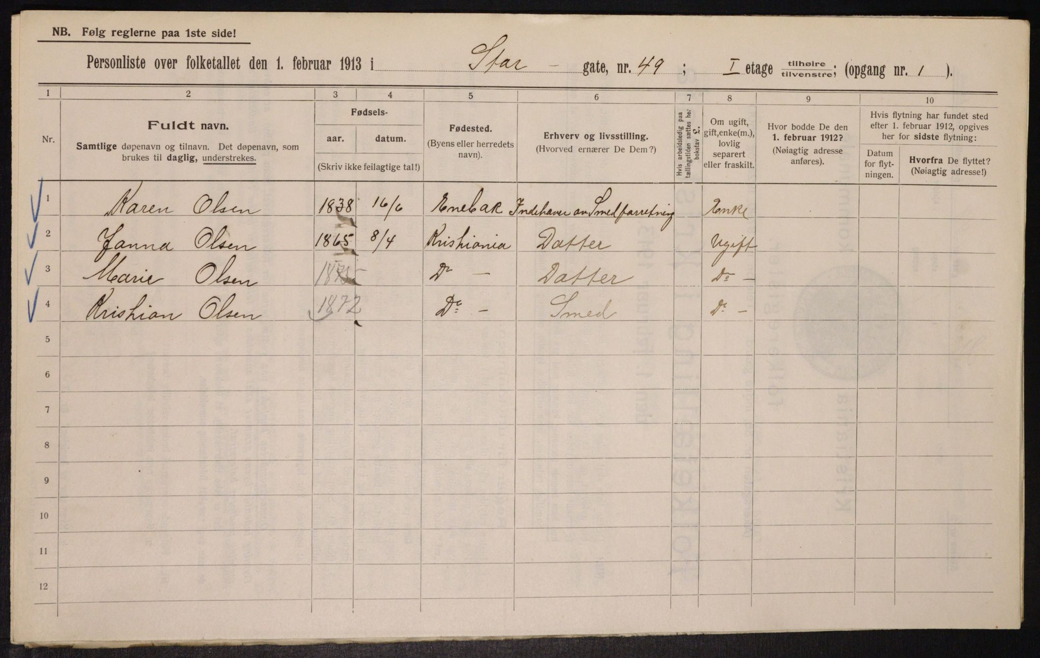 OBA, Municipal Census 1913 for Kristiania, 1913, p. 103579