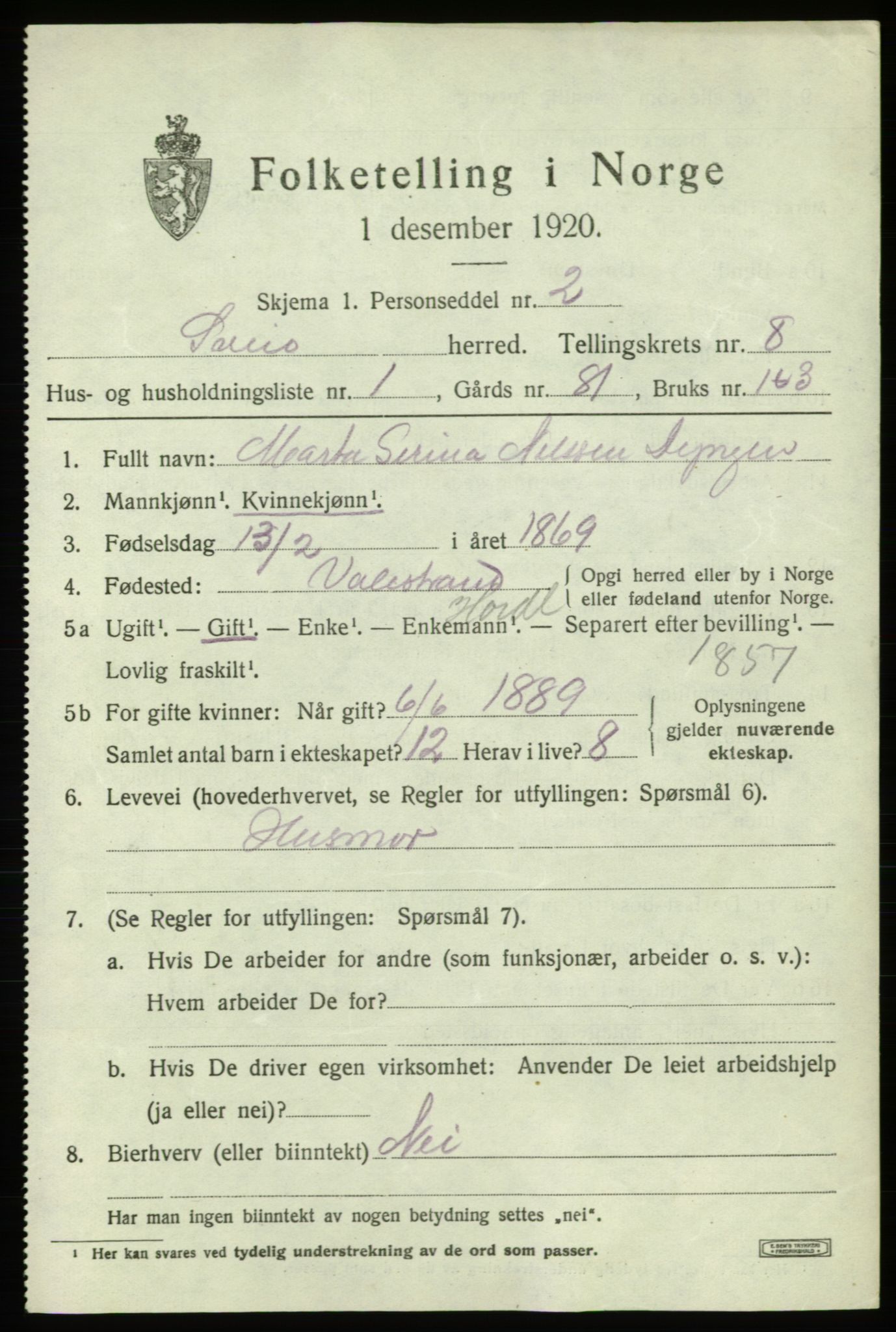 SAB, 1920 census for Sveio, 1920, p. 3740