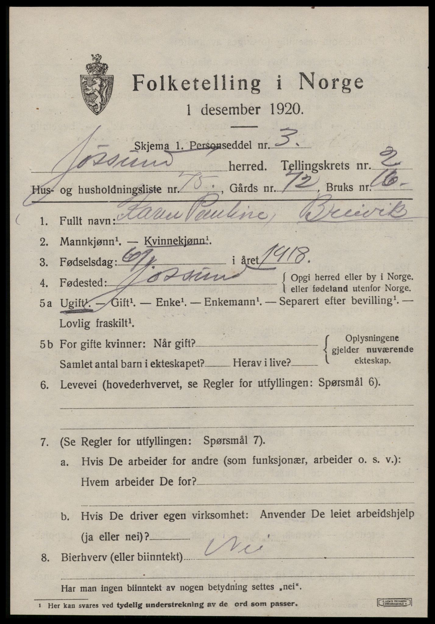 SAT, 1920 census for Jøssund, 1920, p. 2166