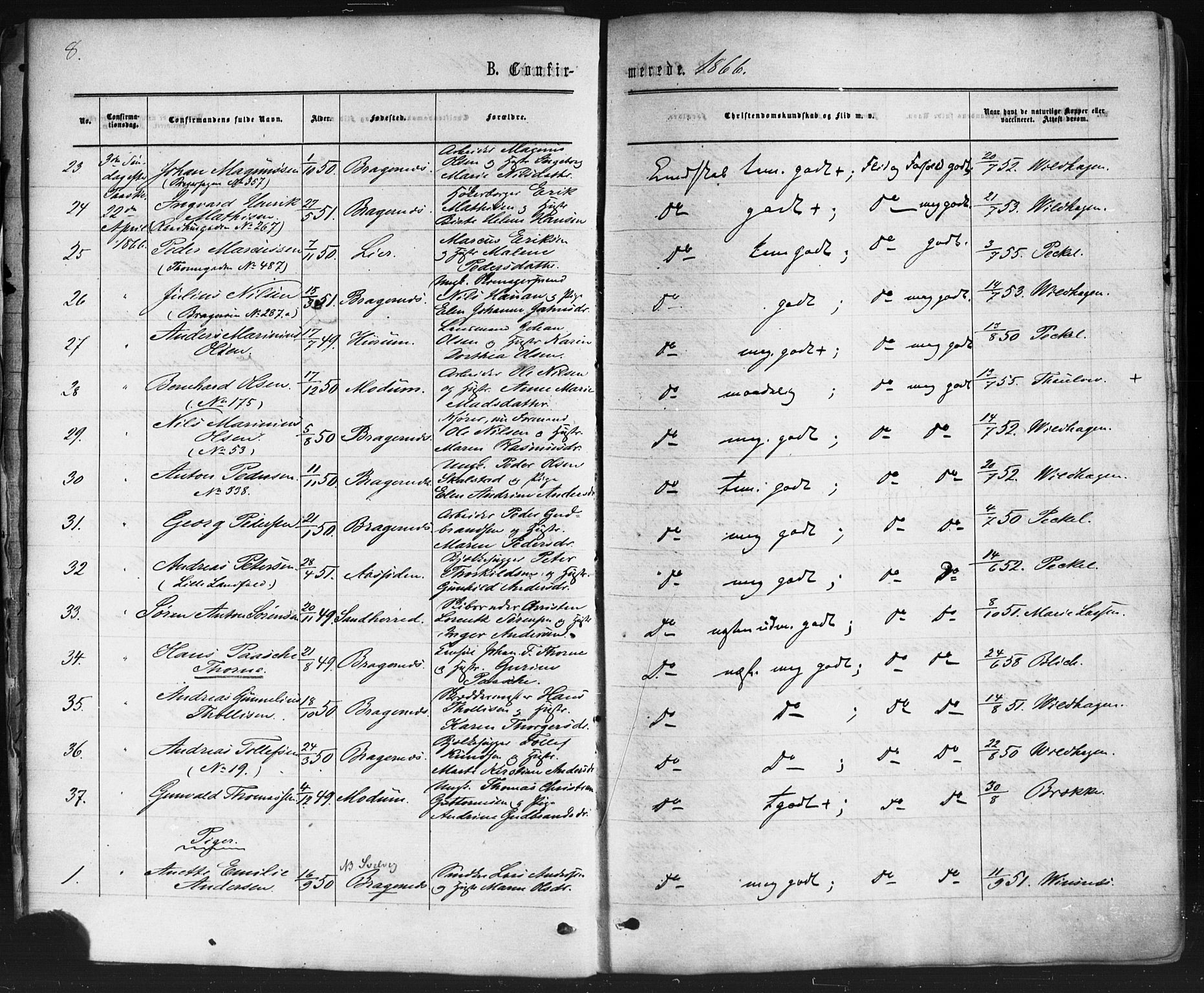 Bragernes kirkebøker, AV/SAKO-A-6/F/Fc/L0003: Parish register (official) no. III 3, 1865-1874, p. 8