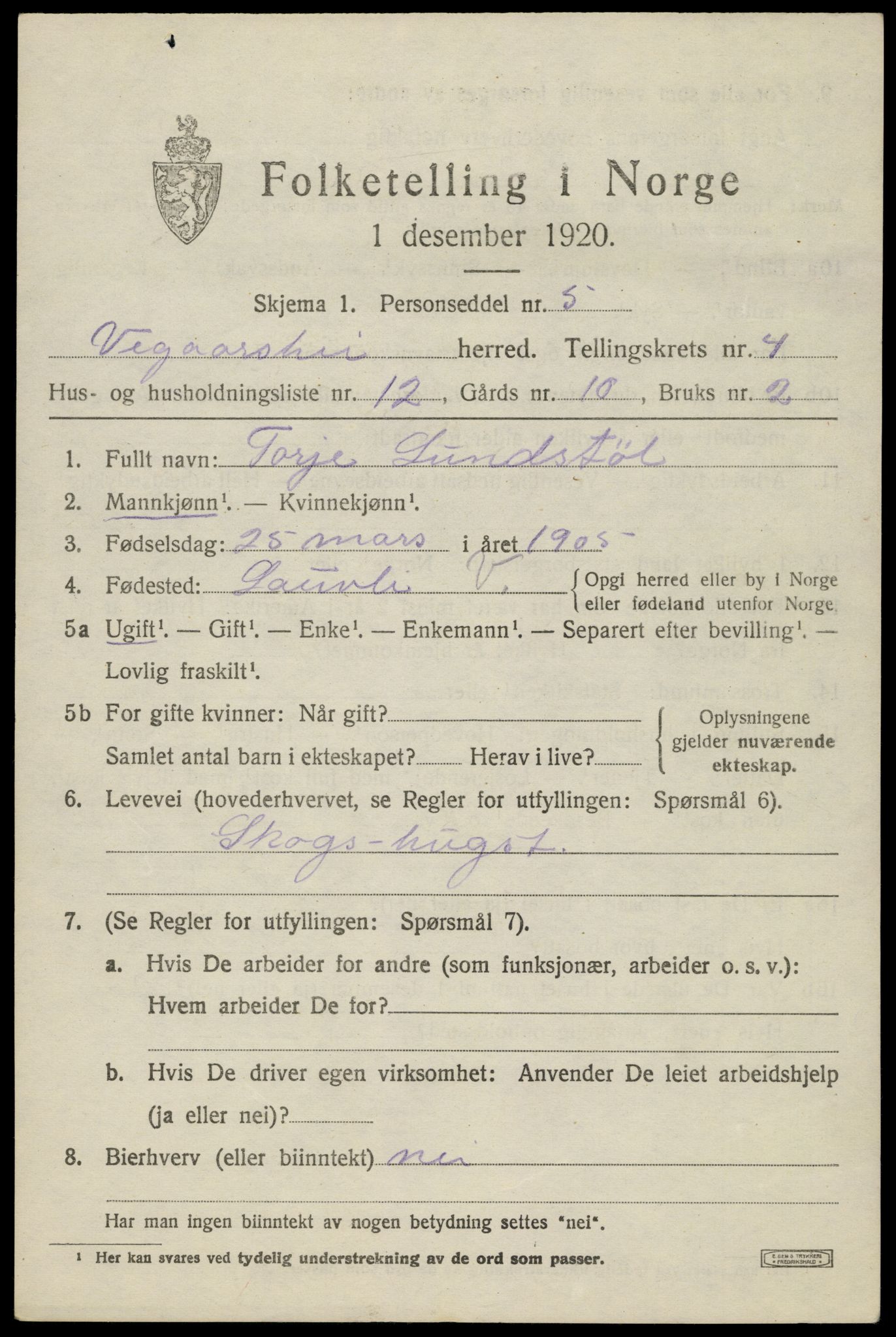 SAK, 1920 census for Vegårshei, 1920, p. 1900