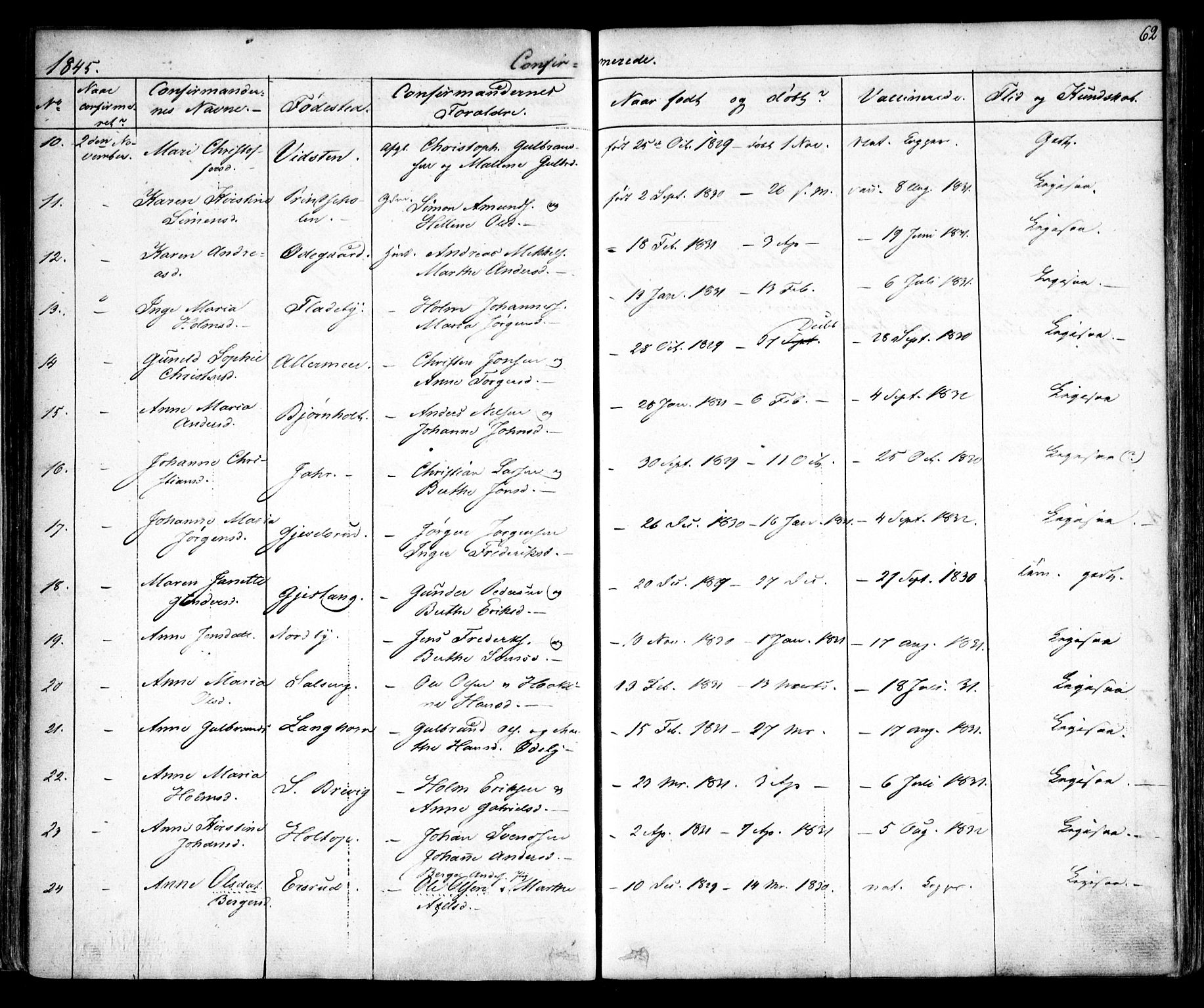 Enebakk prestekontor Kirkebøker, SAO/A-10171c/F/Fa/L0010: Parish register (official) no. I 10, 1829-1876, p. 62