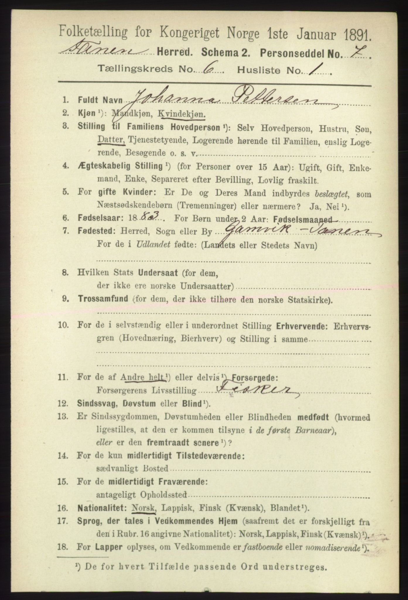 RA, 1891 census for 2025 Tana, 1891, p. 2805