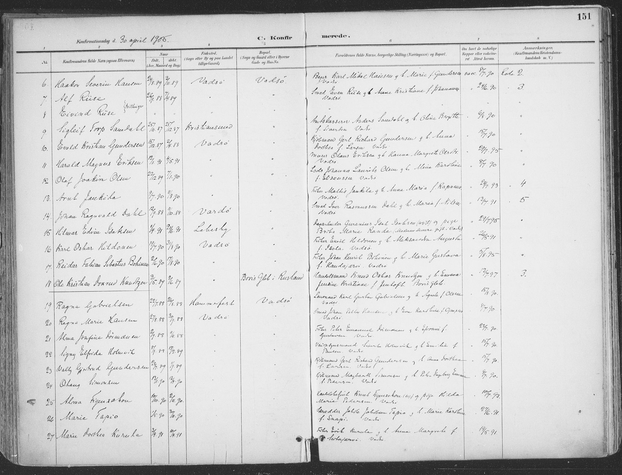Vadsø sokneprestkontor, SATØ/S-1325/H/Ha/L0007kirke: Parish register (official) no. 7, 1896-1916, p. 151