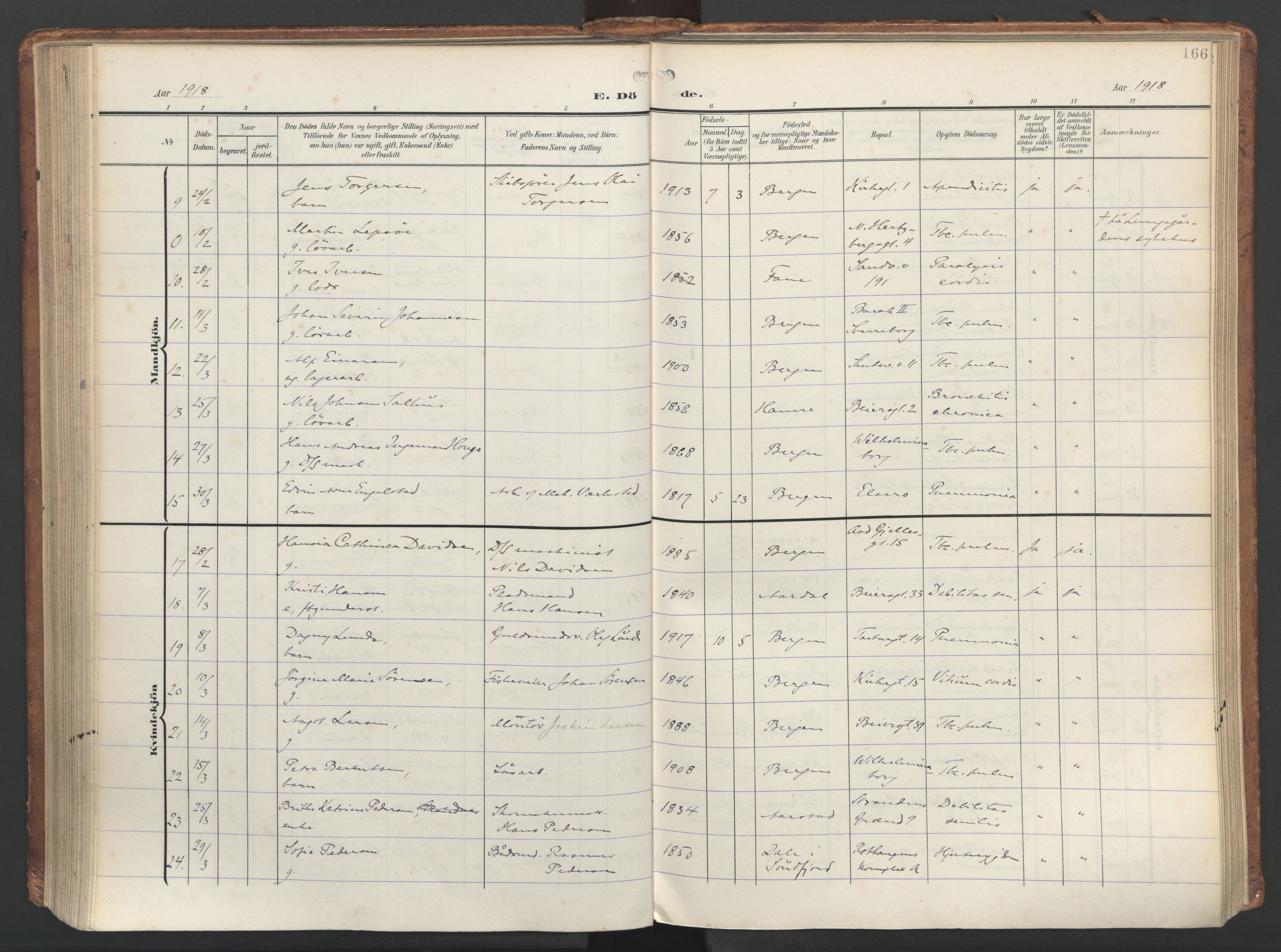 Sandviken Sokneprestembete, AV/SAB-A-77601/H/Ha/L0019: Parish register (official) no. E 2, 1905-1933, p. 166