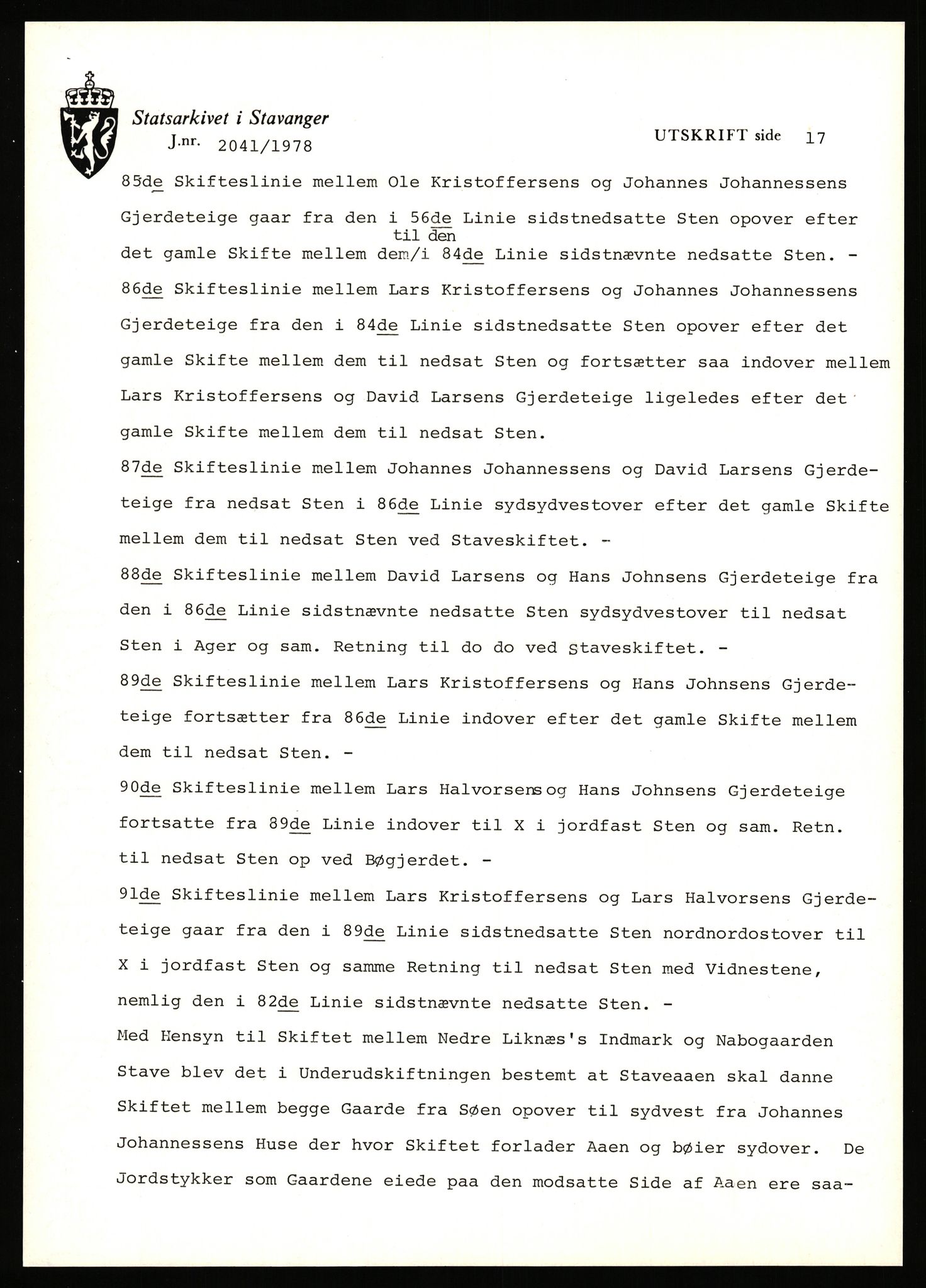 Statsarkivet i Stavanger, AV/SAST-A-101971/03/Y/Yj/L0053: Avskrifter sortert etter gårdsnavn: Leigvam - Liland, 1750-1930, p. 527