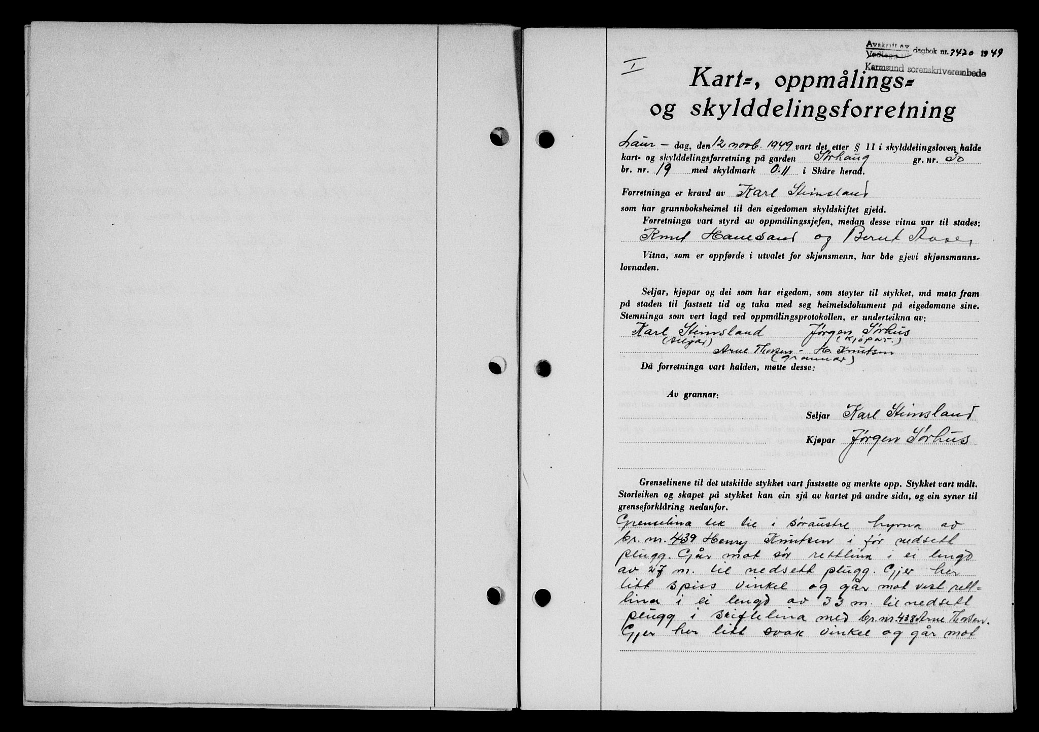 Karmsund sorenskriveri, SAST/A-100311/01/II/IIB/L0098: Mortgage book no. 78A, 1949-1950, Diary no: : 3470/1949