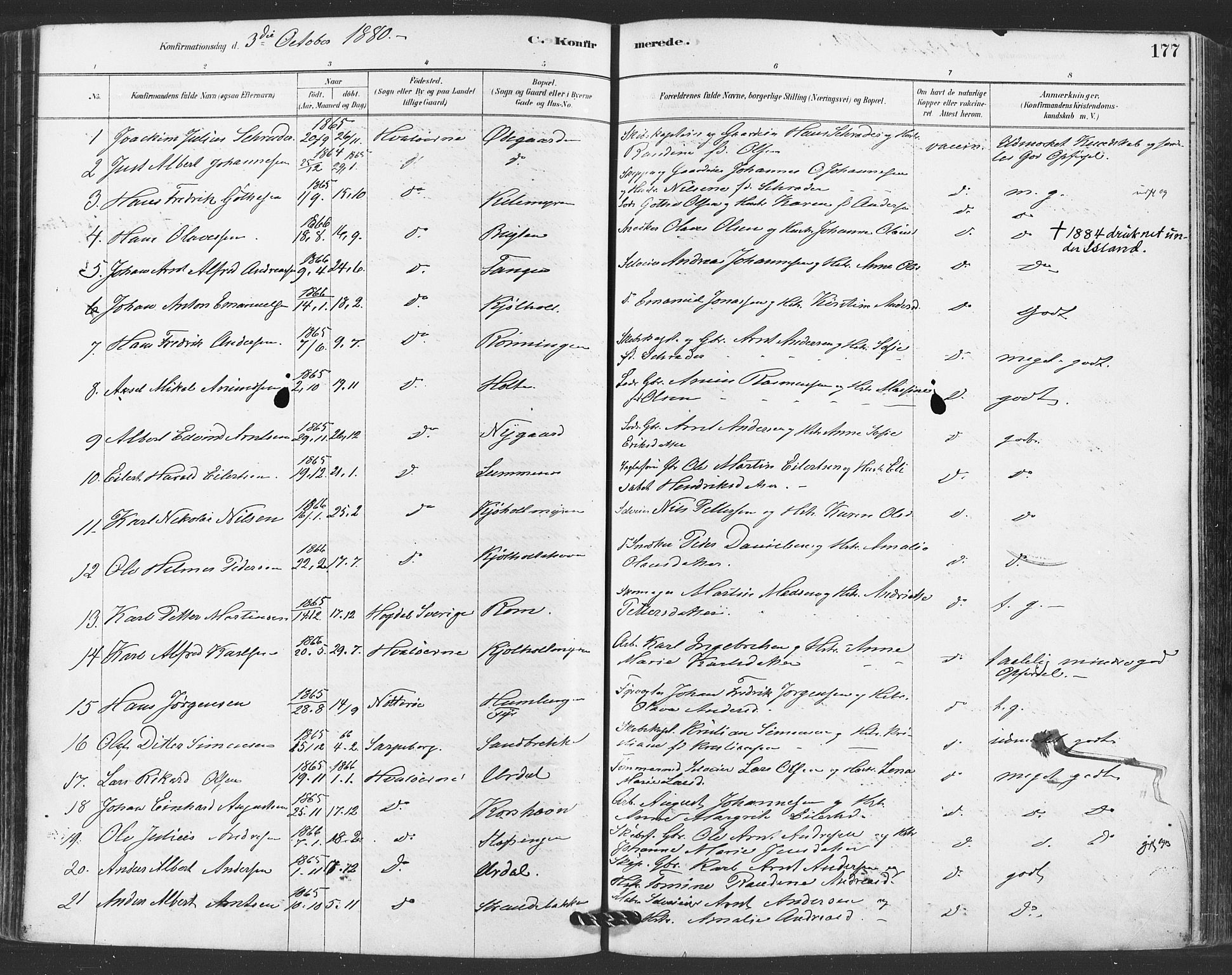 Hvaler prestekontor Kirkebøker, AV/SAO-A-2001/F/Fa/L0008: Parish register (official) no. I 8, 1878-1895, p. 177