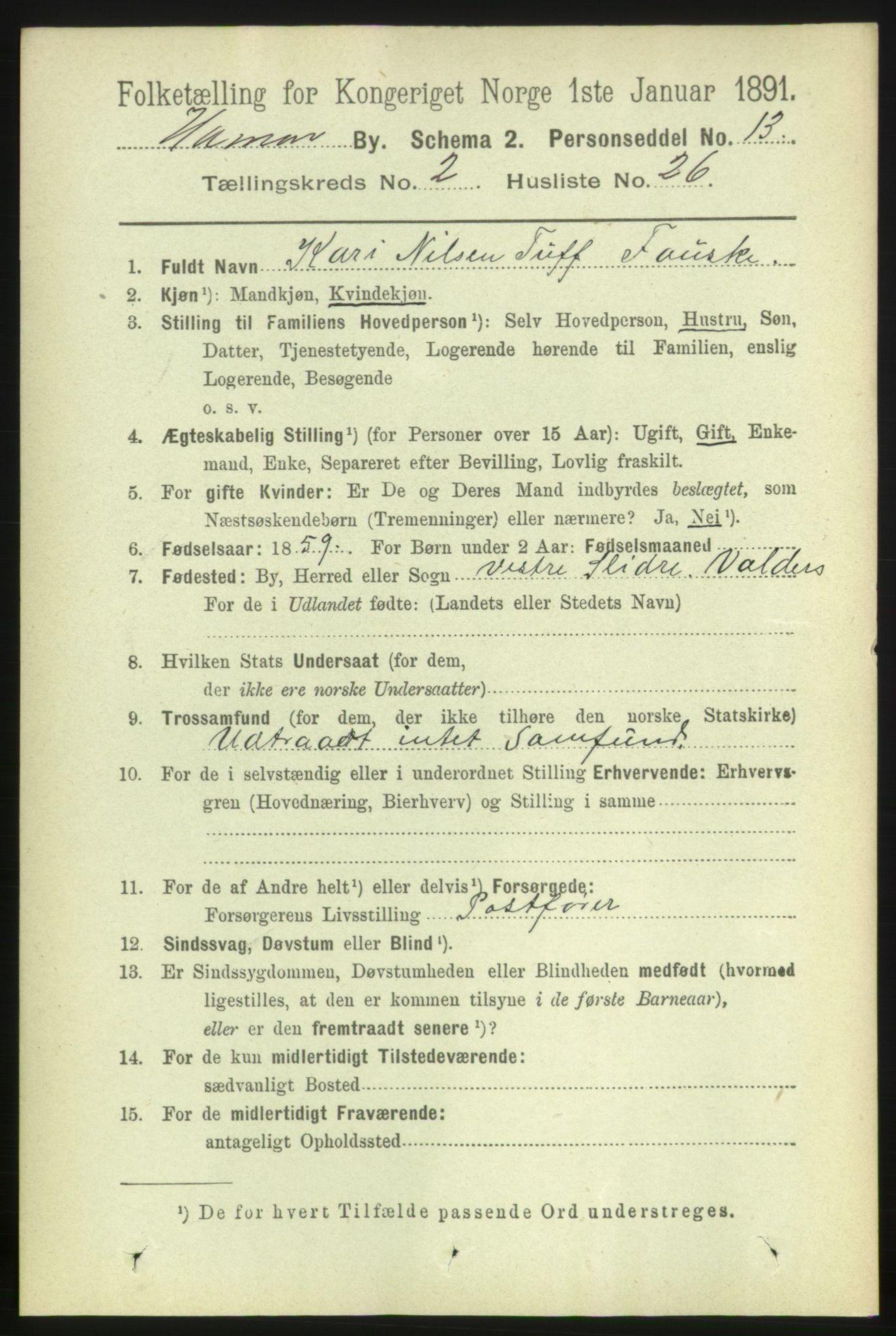 RA, 1891 census for 0401 Hamar, 1891, p. 1381