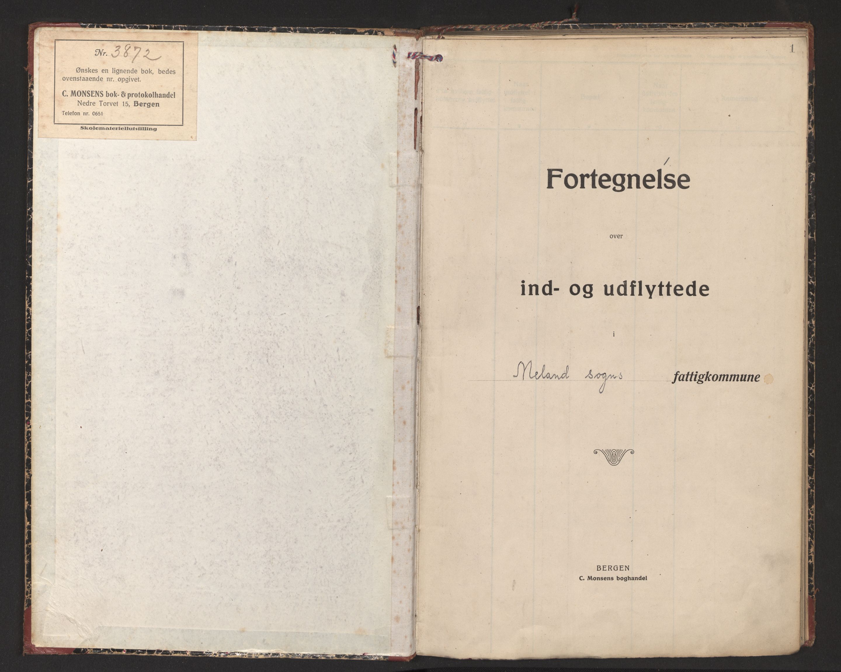 Lensmannen i Alversund, SAB/A-30701/0020/L0002: Protokoll over inn- og utflytte, Meland, 1923-1943, p. 1