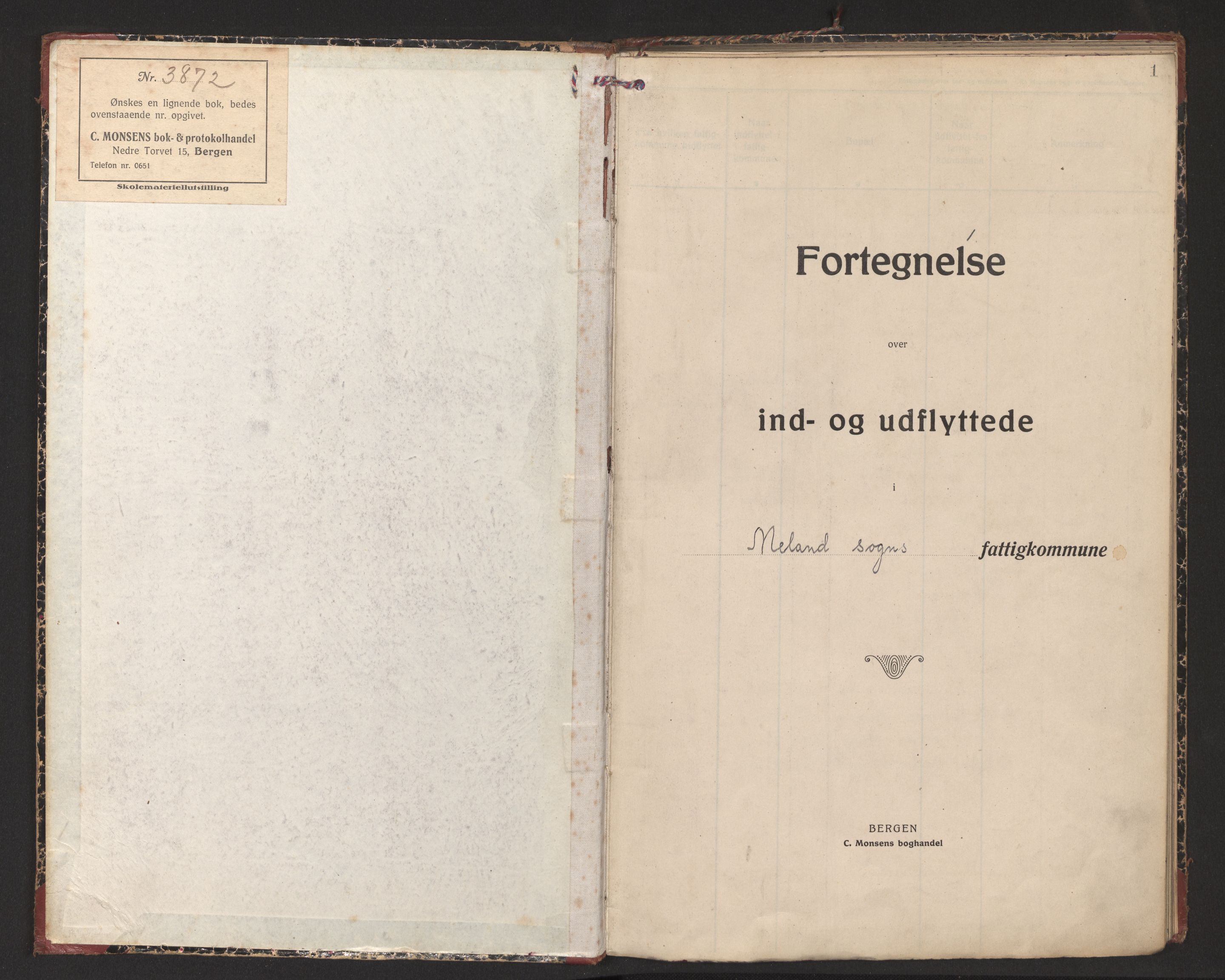 Lensmannen i Alversund, AV/SAB-A-30701/0020/L0002: Protokoll over inn- og utflytte, Meland, 1923-1943, p. 1