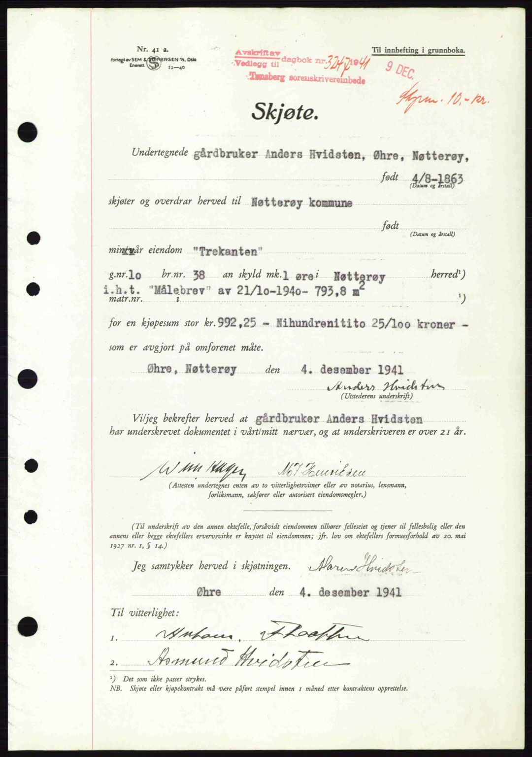 Tønsberg sorenskriveri, AV/SAKO-A-130/G/Ga/Gaa/L0010: Mortgage book no. A10, 1941-1941, Diary no: : 3247/1941