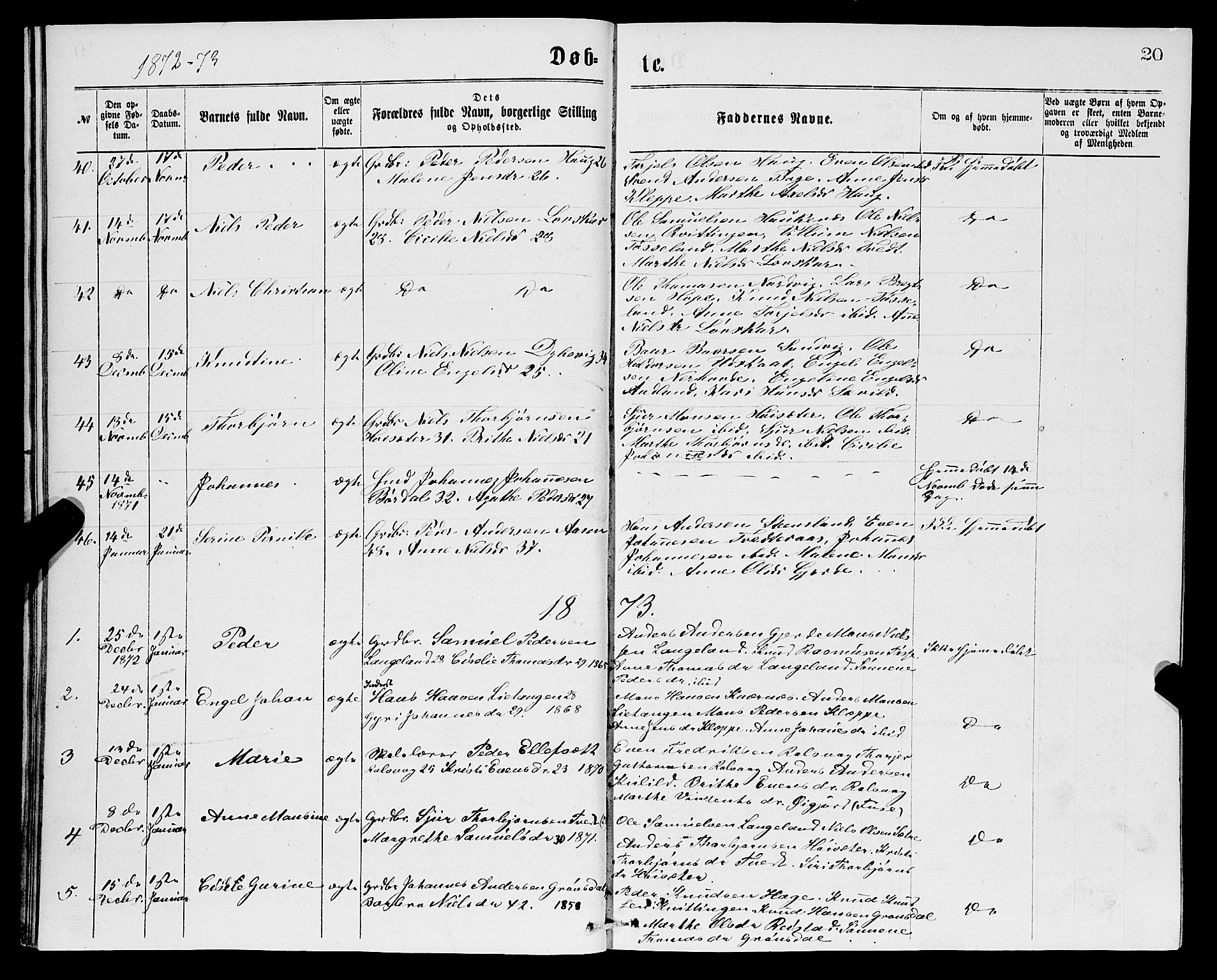 Samnanger Sokneprestembete, SAB/A-77501/H/Hab: Parish register (copy) no. A 1, 1869-1878, p. 20