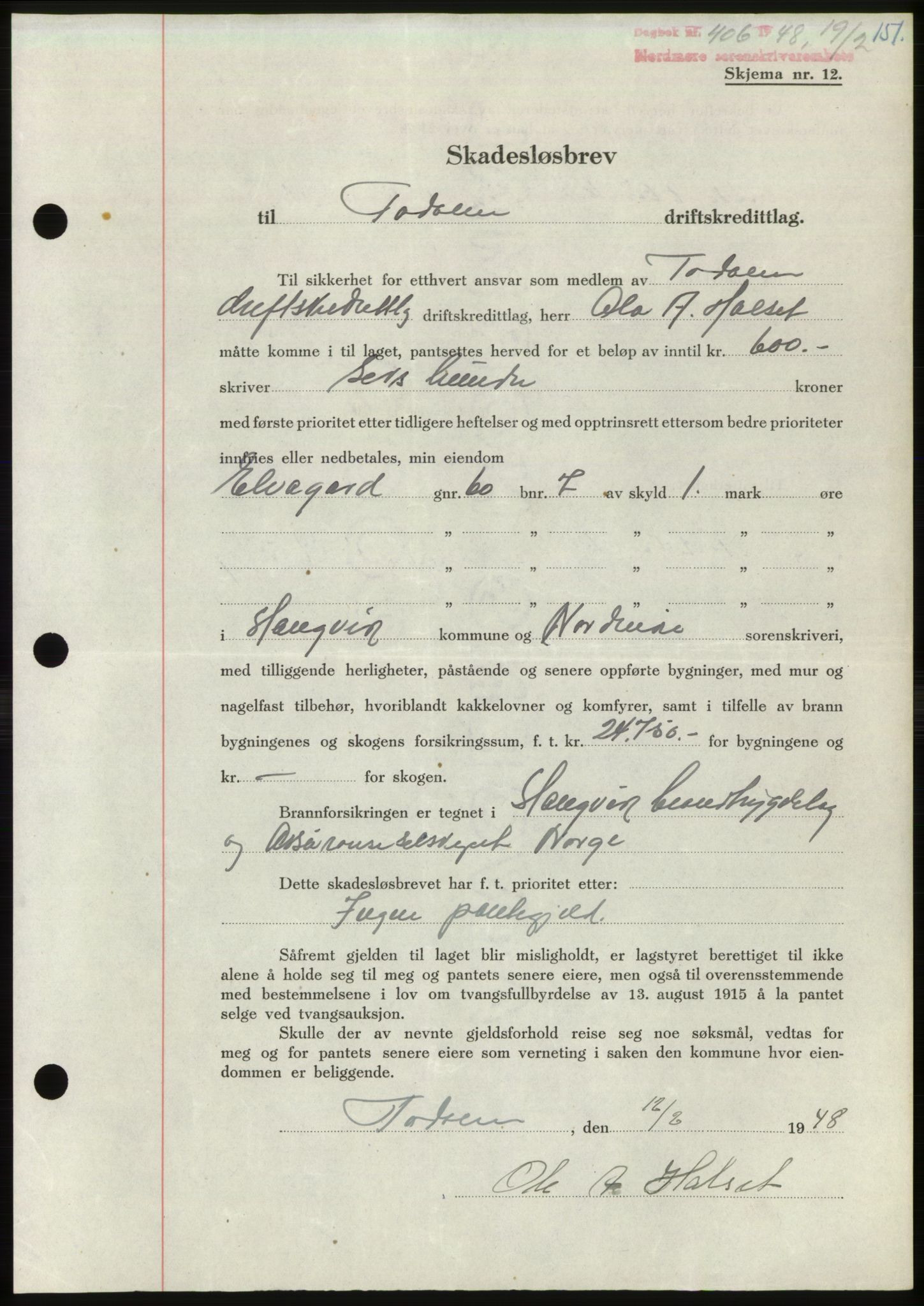 Nordmøre sorenskriveri, AV/SAT-A-4132/1/2/2Ca: Mortgage book no. B98, 1948-1948, Diary no: : 406/1948