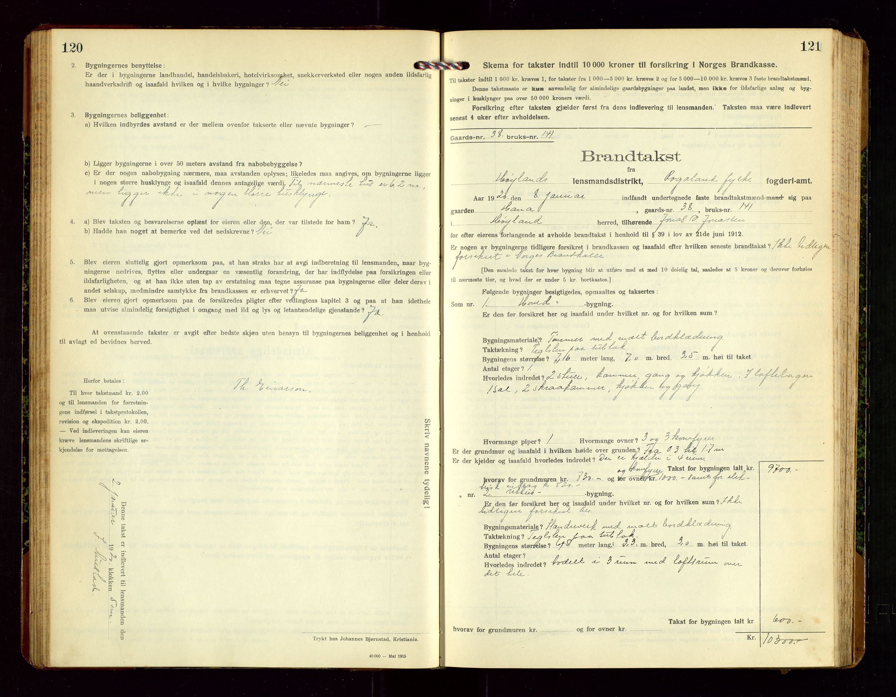 Høyland/Sandnes lensmannskontor, AV/SAST-A-100166/Gob/L0003: "Brandtakstprotokol", 1918-1924, p. 120-121