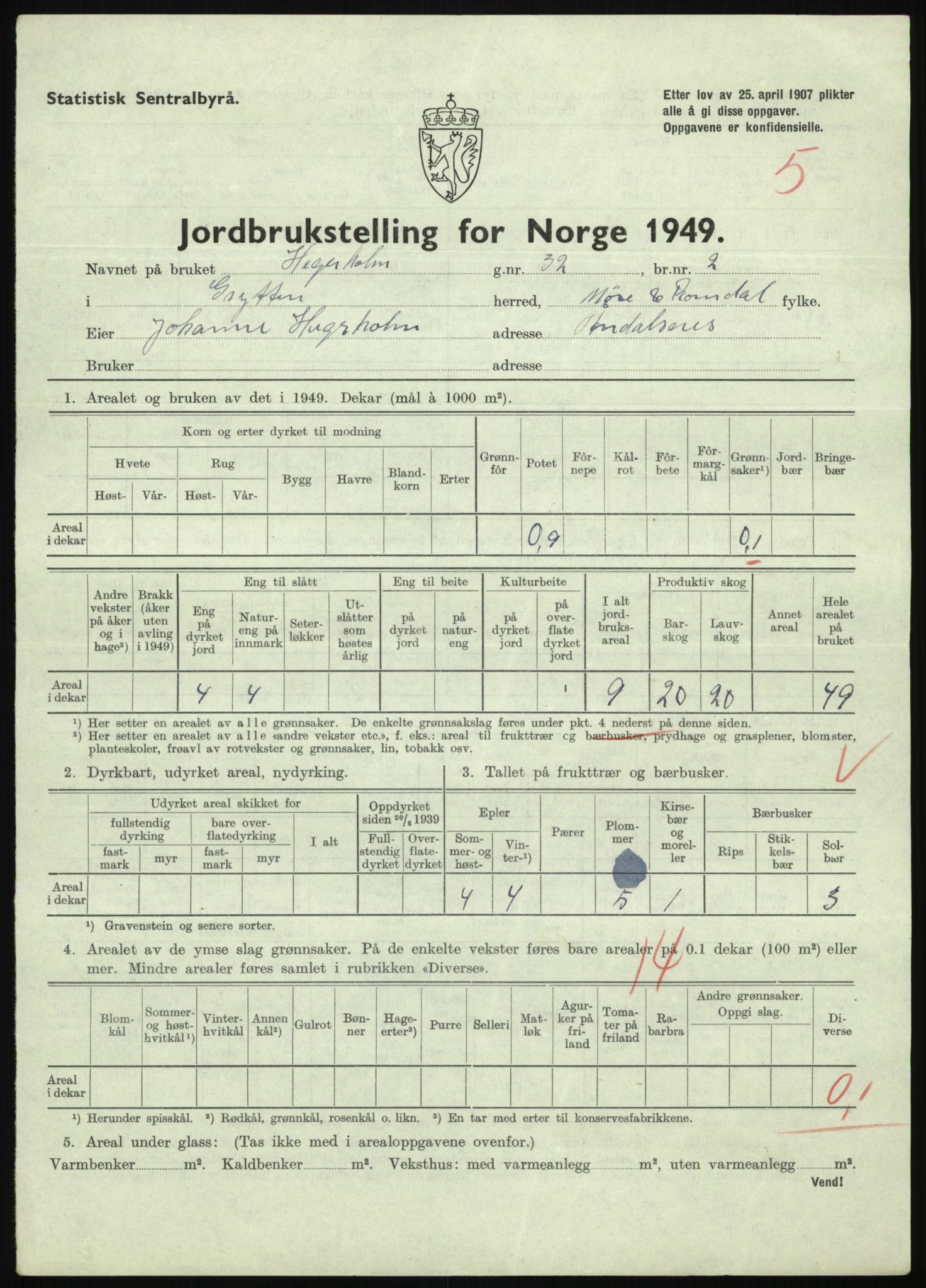 Statistisk sentralbyrå, Næringsøkonomiske emner, Jordbruk, skogbruk, jakt, fiske og fangst, AV/RA-S-2234/G/Gc/L0323: Møre og Romsdal: Grytten og Hen, 1949, p. 39