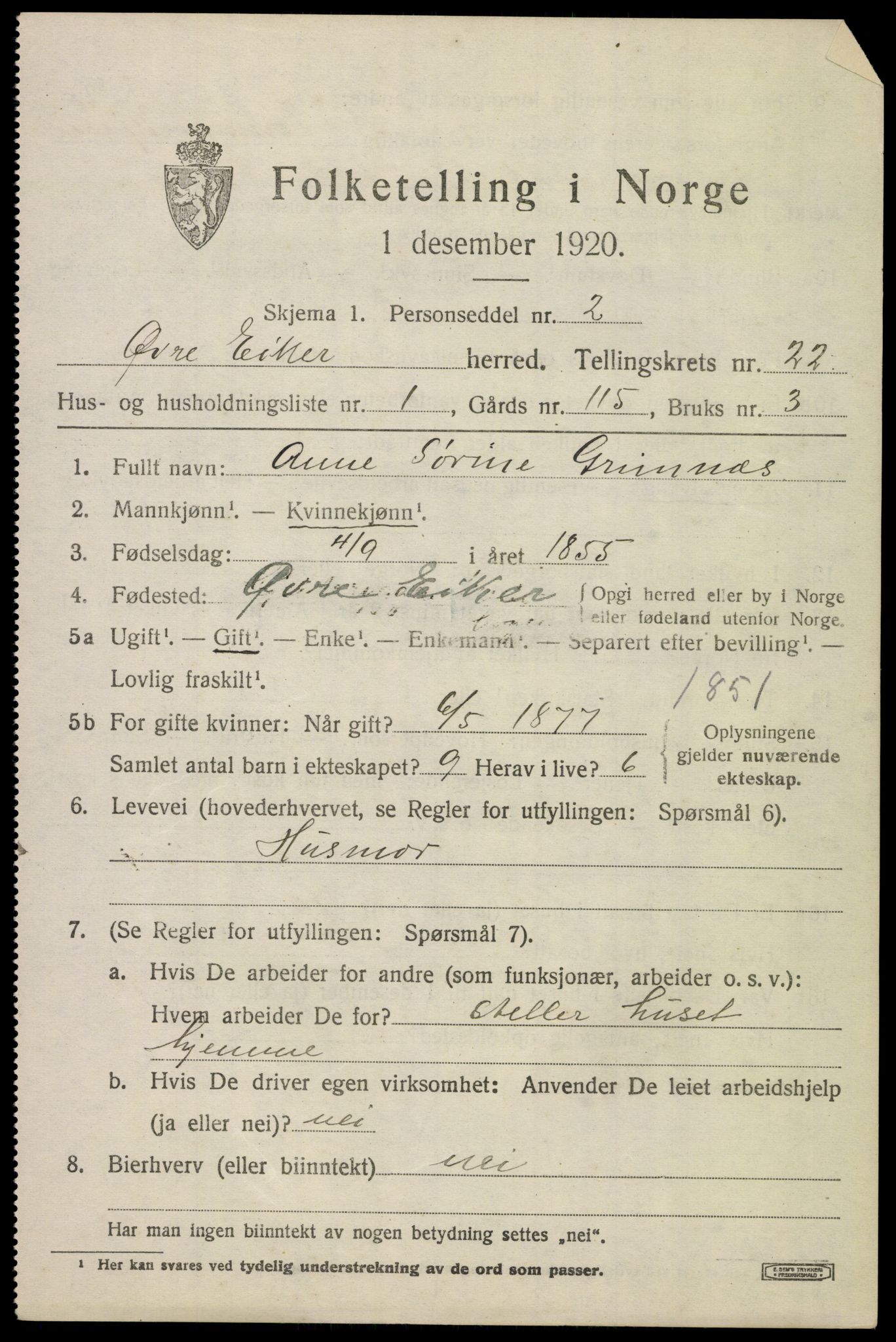 SAKO, 1920 census for Øvre Eiker, 1920, p. 22694