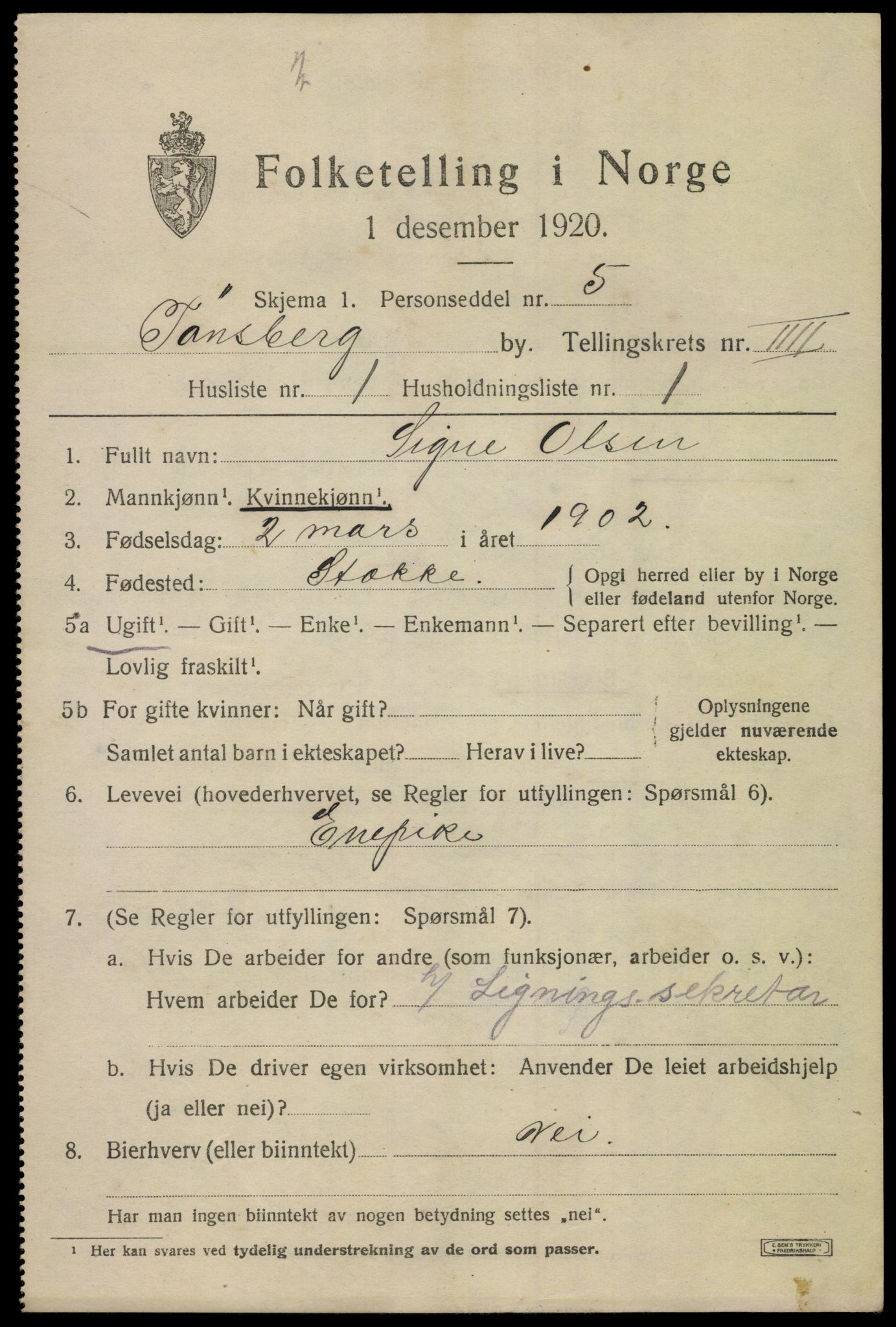 SAKO, 1920 census for Tønsberg, 1920, p. 12011