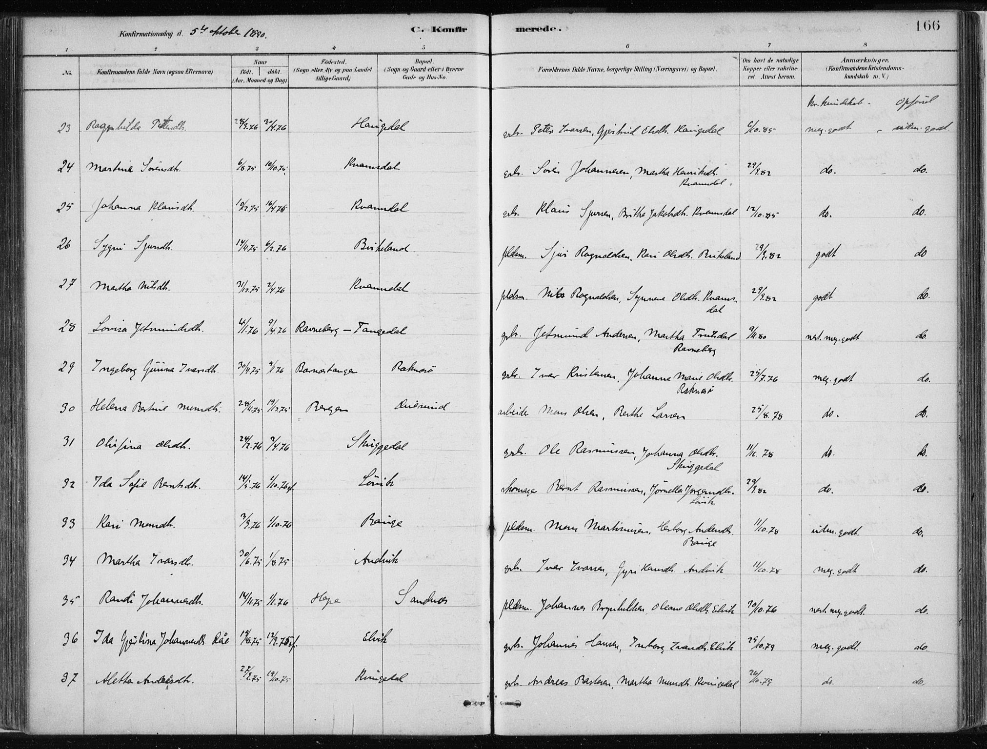 Masfjorden Sokneprestembete, AV/SAB-A-77001: Parish register (official) no. B  1, 1876-1899, p. 166