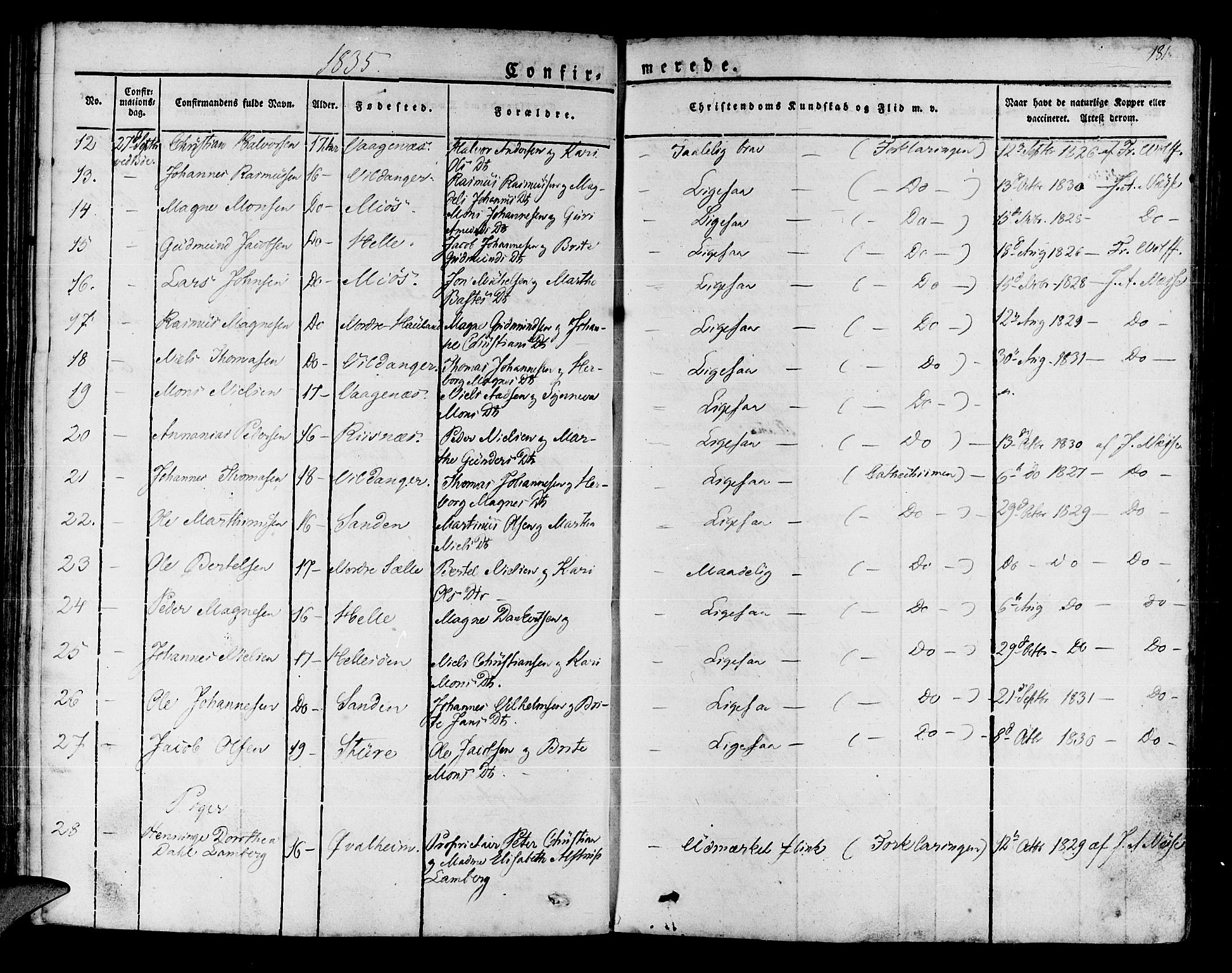 Manger sokneprestembete, SAB/A-76801/H/Haa: Parish register (official) no. A 4, 1824-1838, p. 181