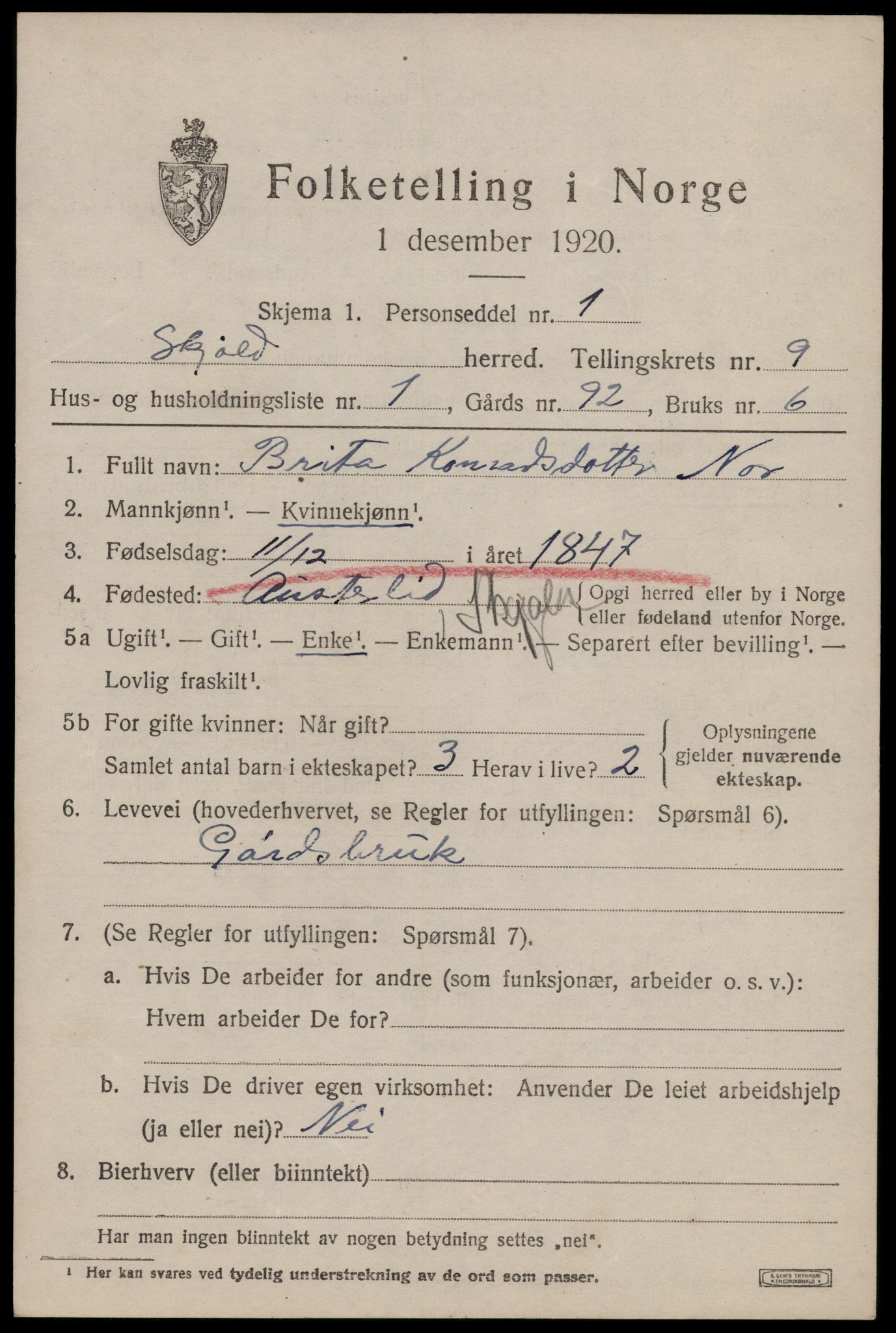 SAST, 1920 census for Skjold, 1920, p. 4384