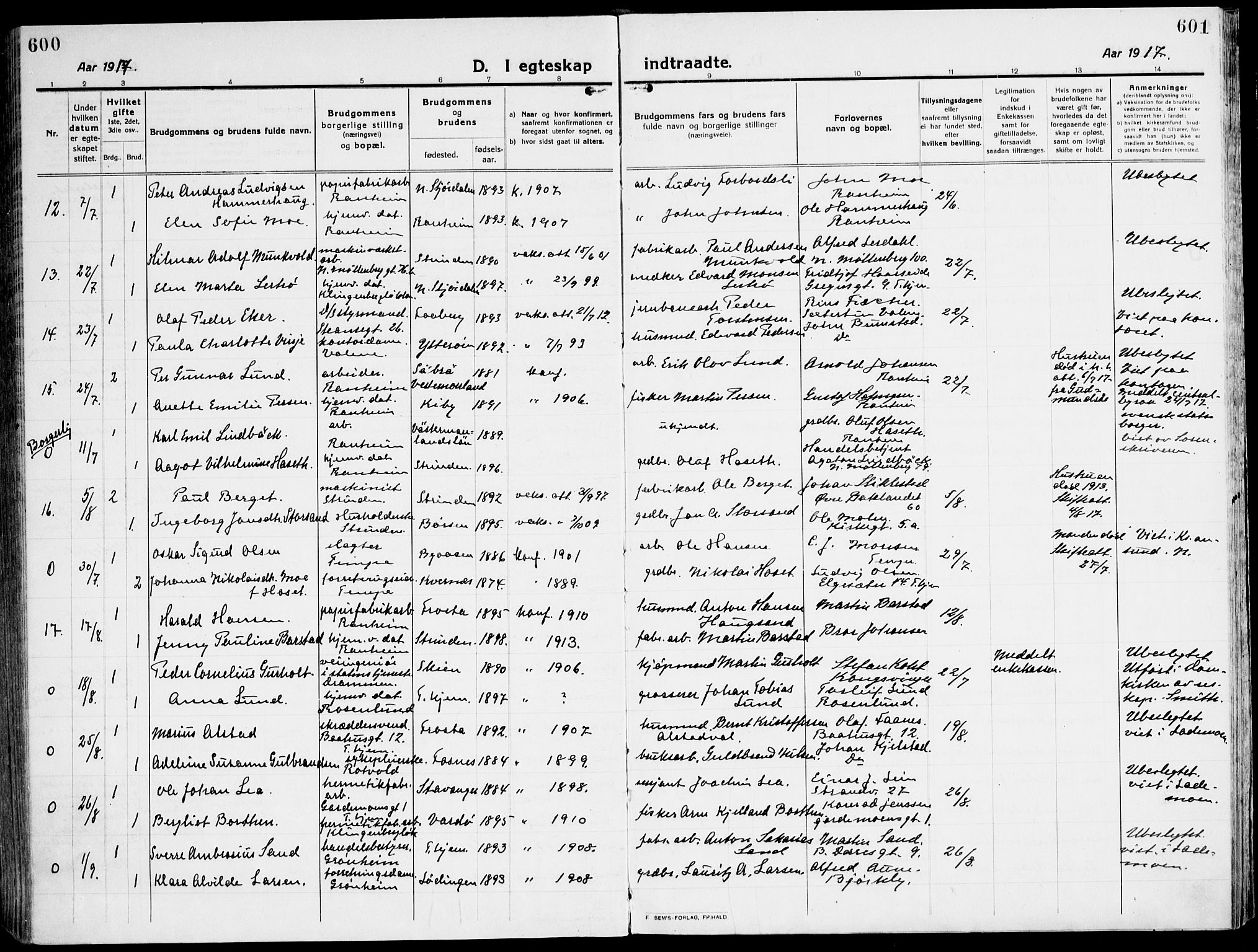 Ministerialprotokoller, klokkerbøker og fødselsregistre - Sør-Trøndelag, SAT/A-1456/607/L0321: Parish register (official) no. 607A05, 1916-1935, p. 600-601