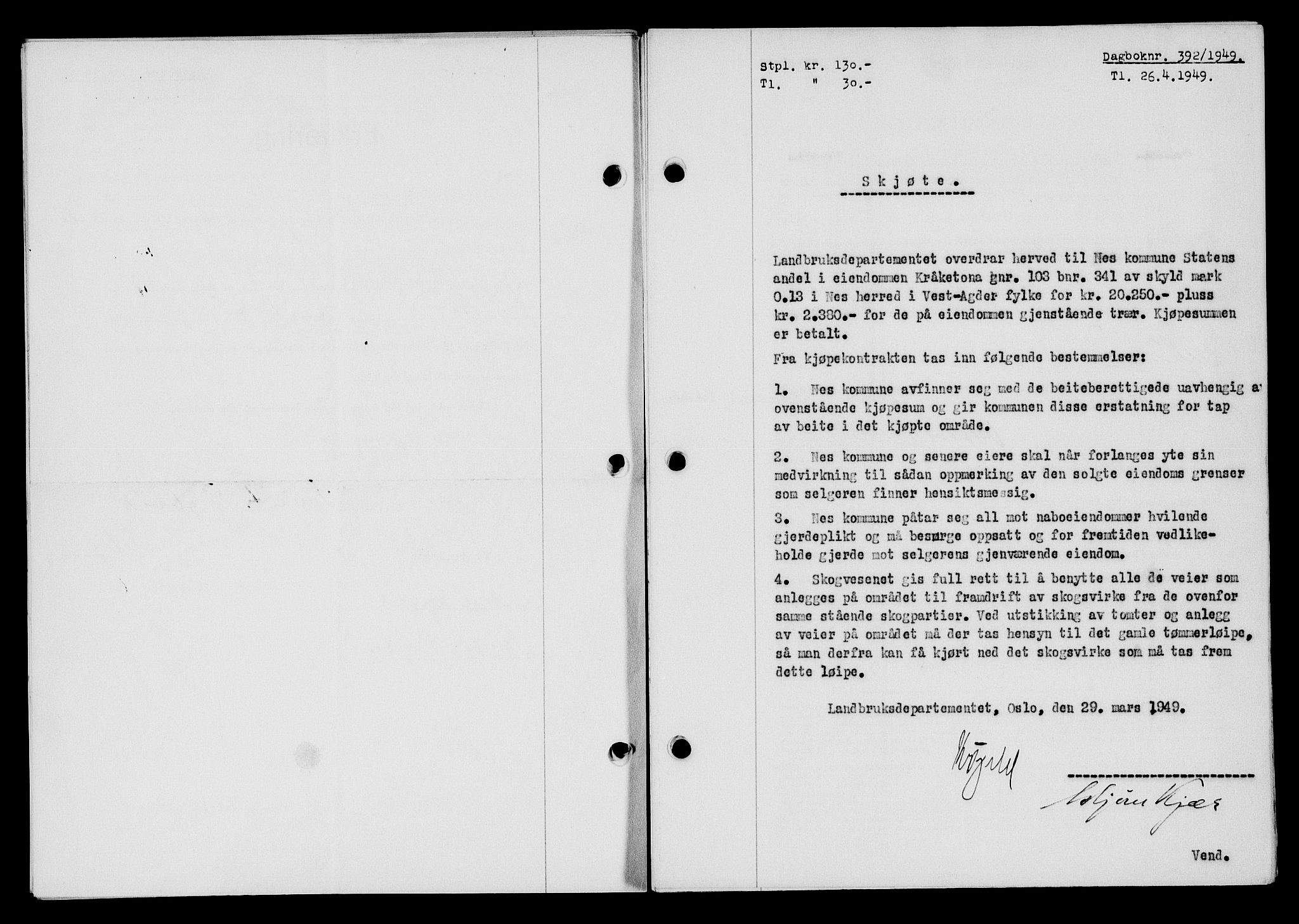 Flekkefjord sorenskriveri, SAK/1221-0001/G/Gb/Gba/L0065: Mortgage book no. A-13, 1949-1949, Diary no: : 392/1949