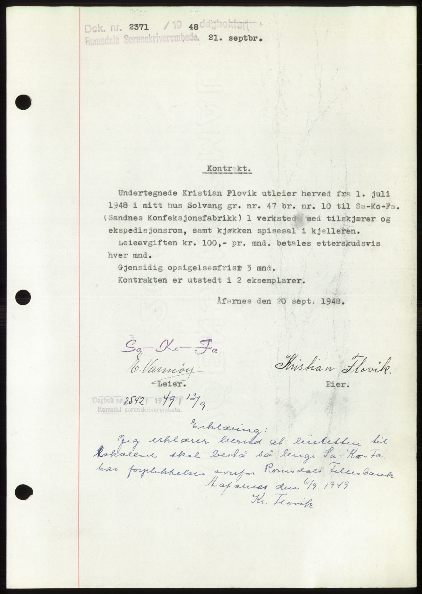 Romsdal sorenskriveri, AV/SAT-A-4149/1/2/2C: Mortgage book no. B4, 1948-1949, Diary no: : 2371/1948