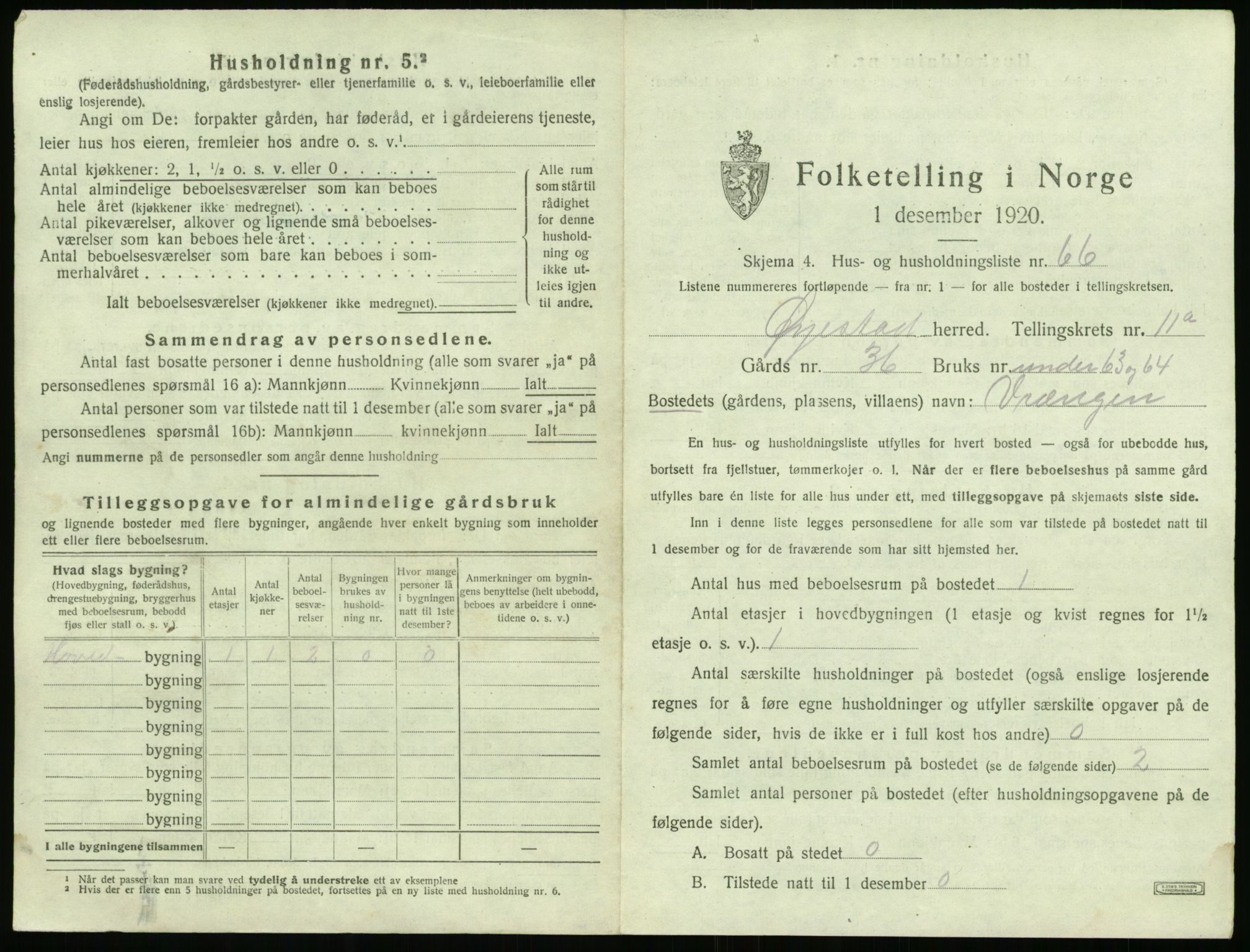 SAK, 1920 census for Øyestad, 1920, p. 1212